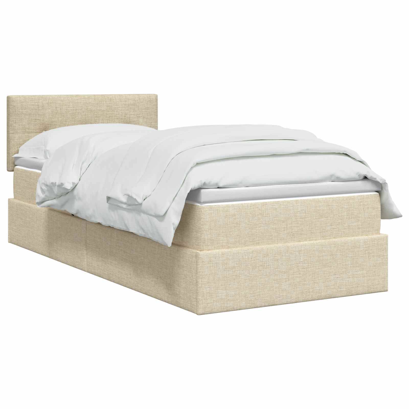 Beige gepolstertes Plattformbett mit Kopfteil, bezogen mit weißer Bettwäsche auf einfachem weißem Hintergrund.