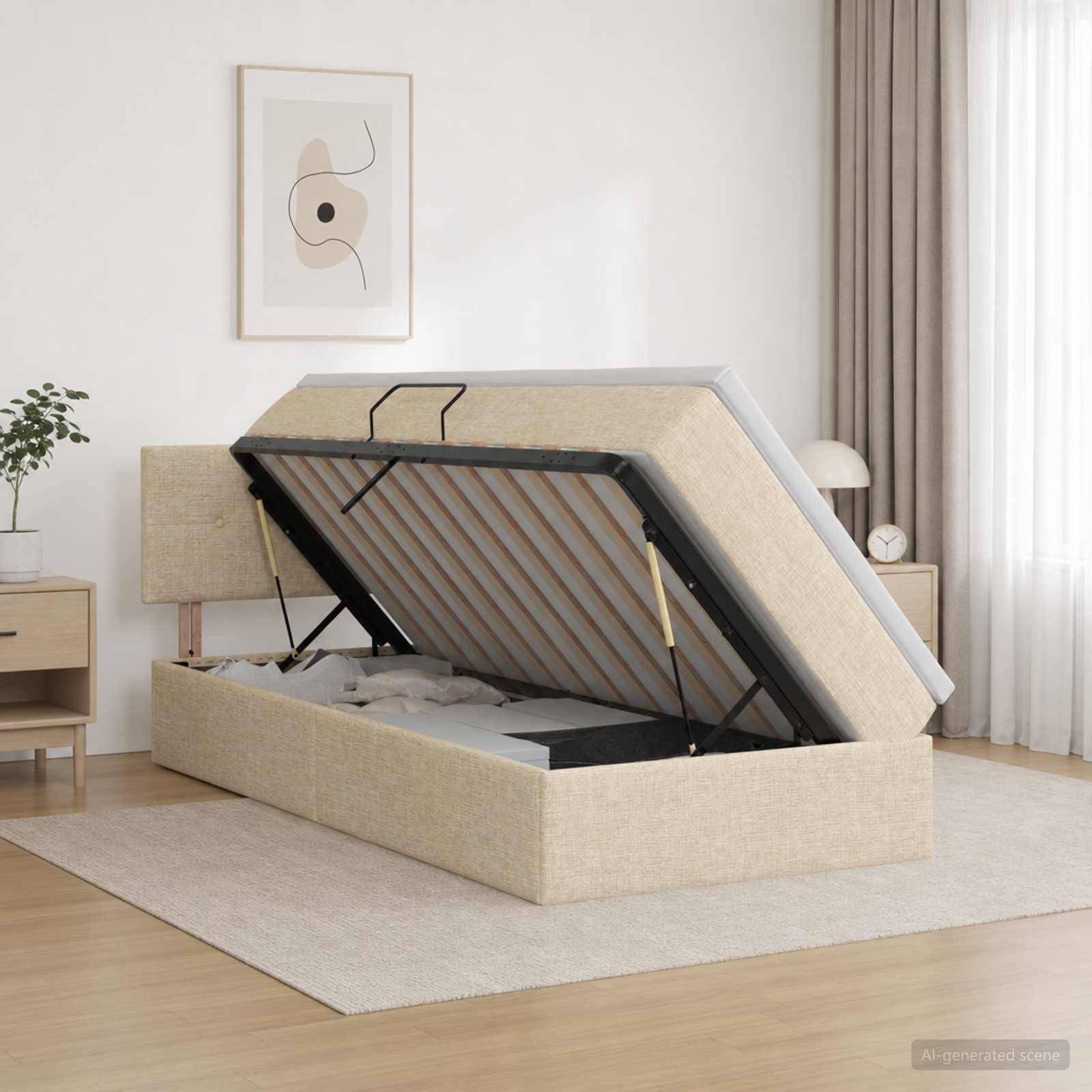 Beiges gepolstertes Schlafsofa mit Matratzenunterlage, aufgeklappt und Stauraum zeigend, in einem hellen, minimalistischen Schlafzimmer.