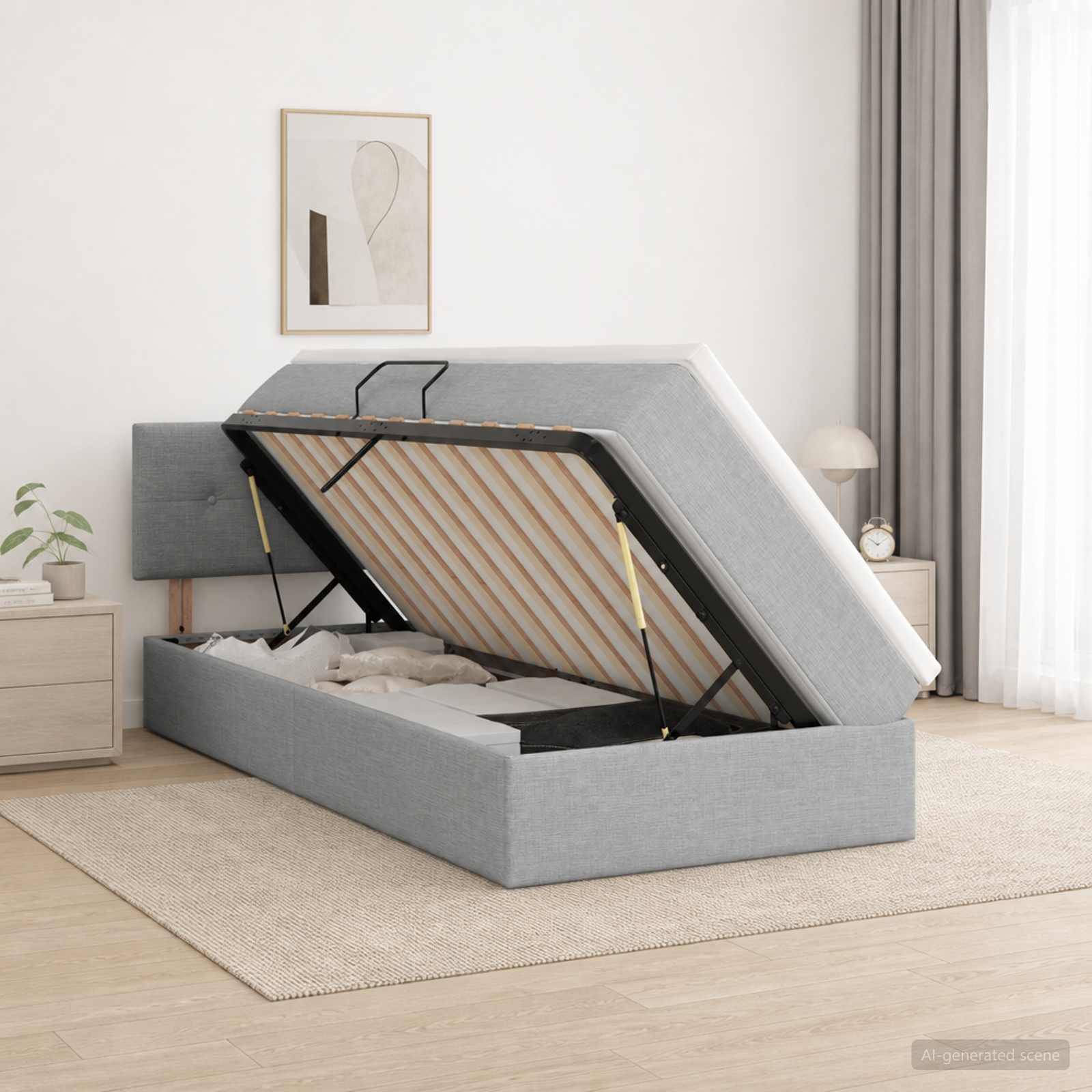 Grau gepolstertes Bett mit Hubvorrichtung und Stauraum in einem Schlafzimmer, mit angehobener Matratzenplattform, die den Stauraum unter dem Bett zeigt.