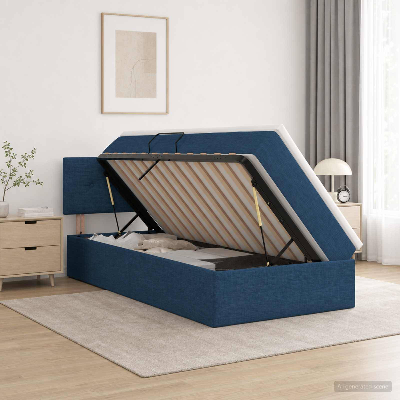 Blaugepolstertes Ottomanbett mit geöffnetem Speichersockel, der den Matratzenunterstützungsrahmen in einem hellen Schlafzimmer zeigt.