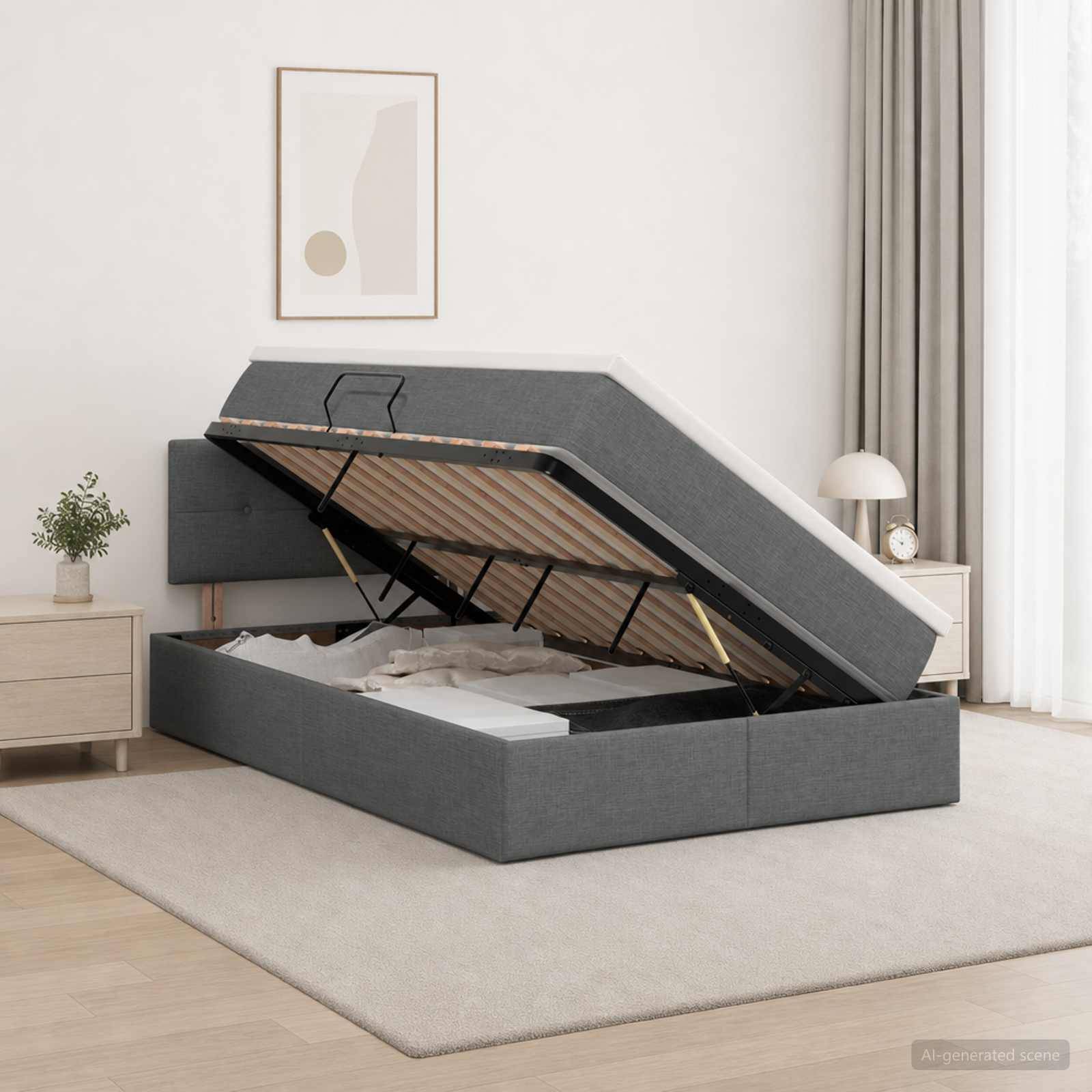 Grau gepolstertes Speicherbett mit angehobener Matratzenplattform, das den Stauraum unter dem Bett in einem hellen minimalistischen Schlafzimmer offenbart.
