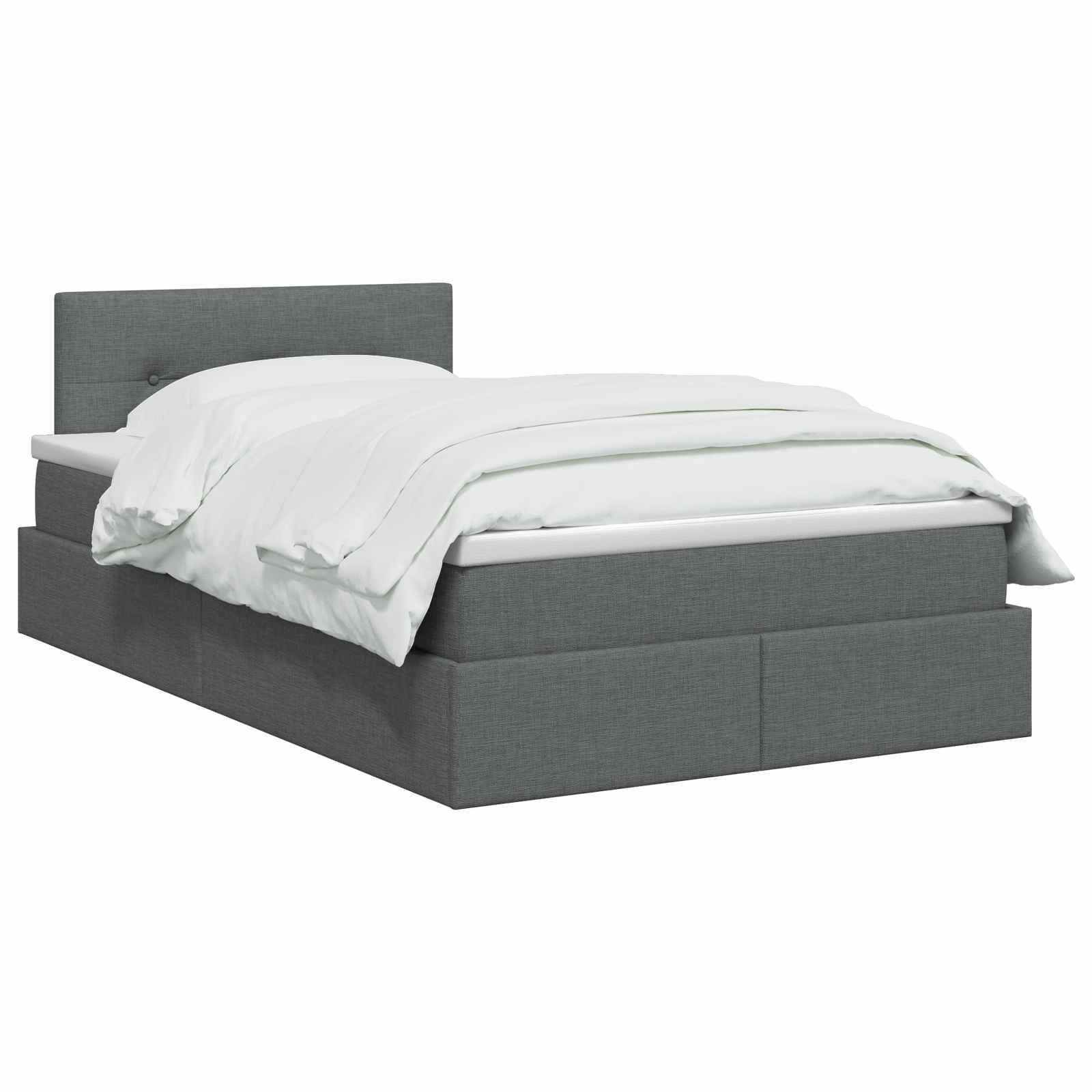 Grauer gepolstertes Bett mit weißer Bettwäsche auf einfachem weißem Hintergrund.