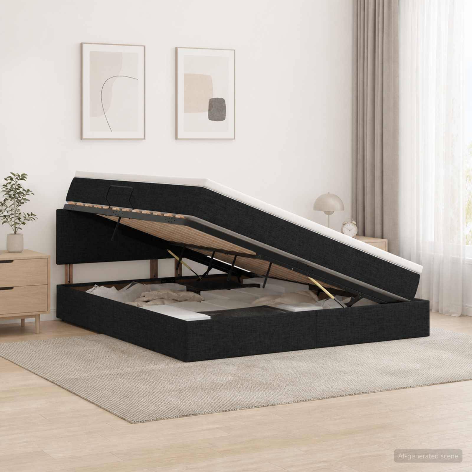 Schwarzer gepolsterter Stauraumbettrahmen mit Gasdruckfeder in einem hellen Schlafzimmer, wobei die Matratzenplattform angehoben ist, um den Stauraum unter dem Bett freizulegen.