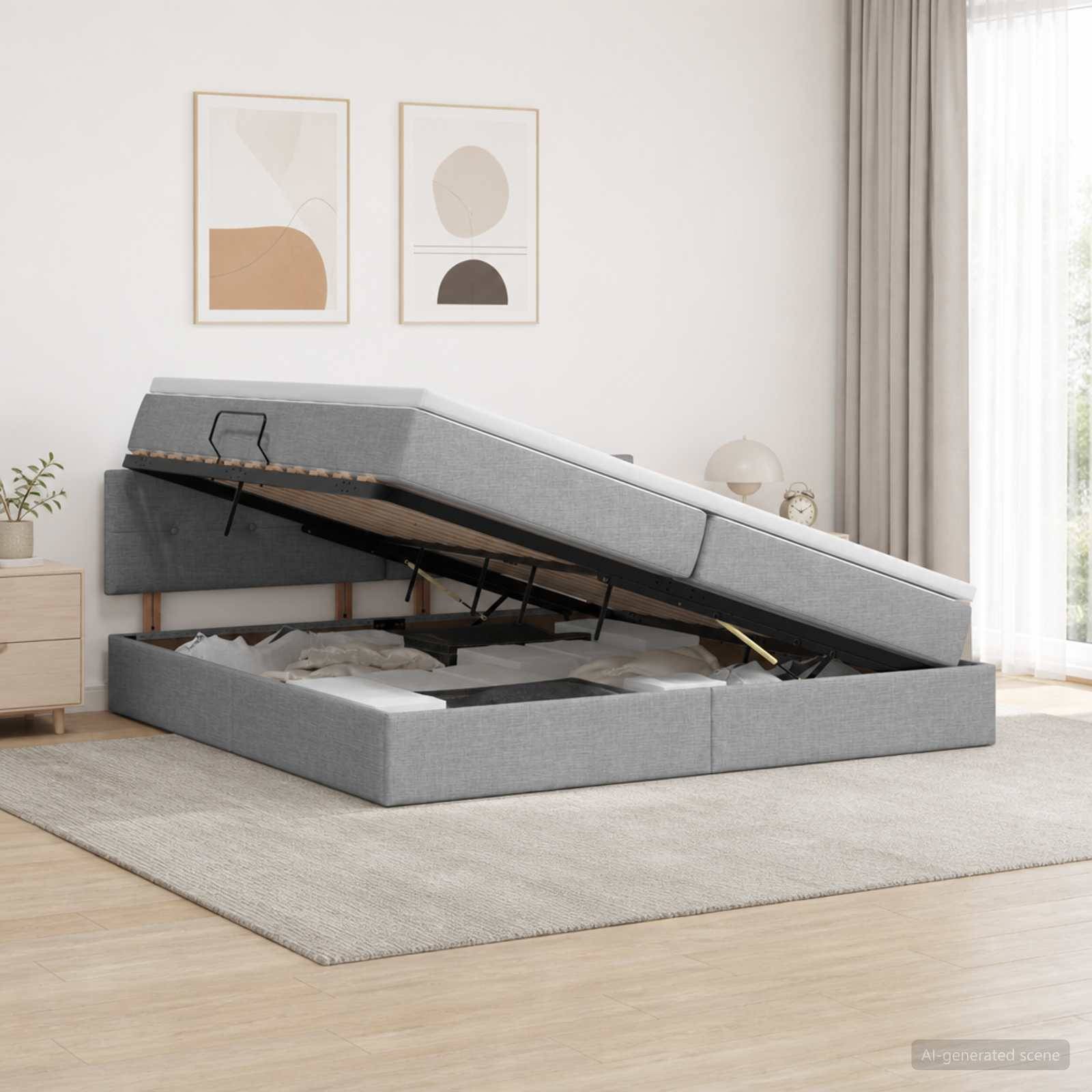 Grau gepolstertes Bettgestell mit Hubmechanismus, offen zum Vorschein bringen des Stauraums in einem hellen minimalistischen Schlafzimmer.