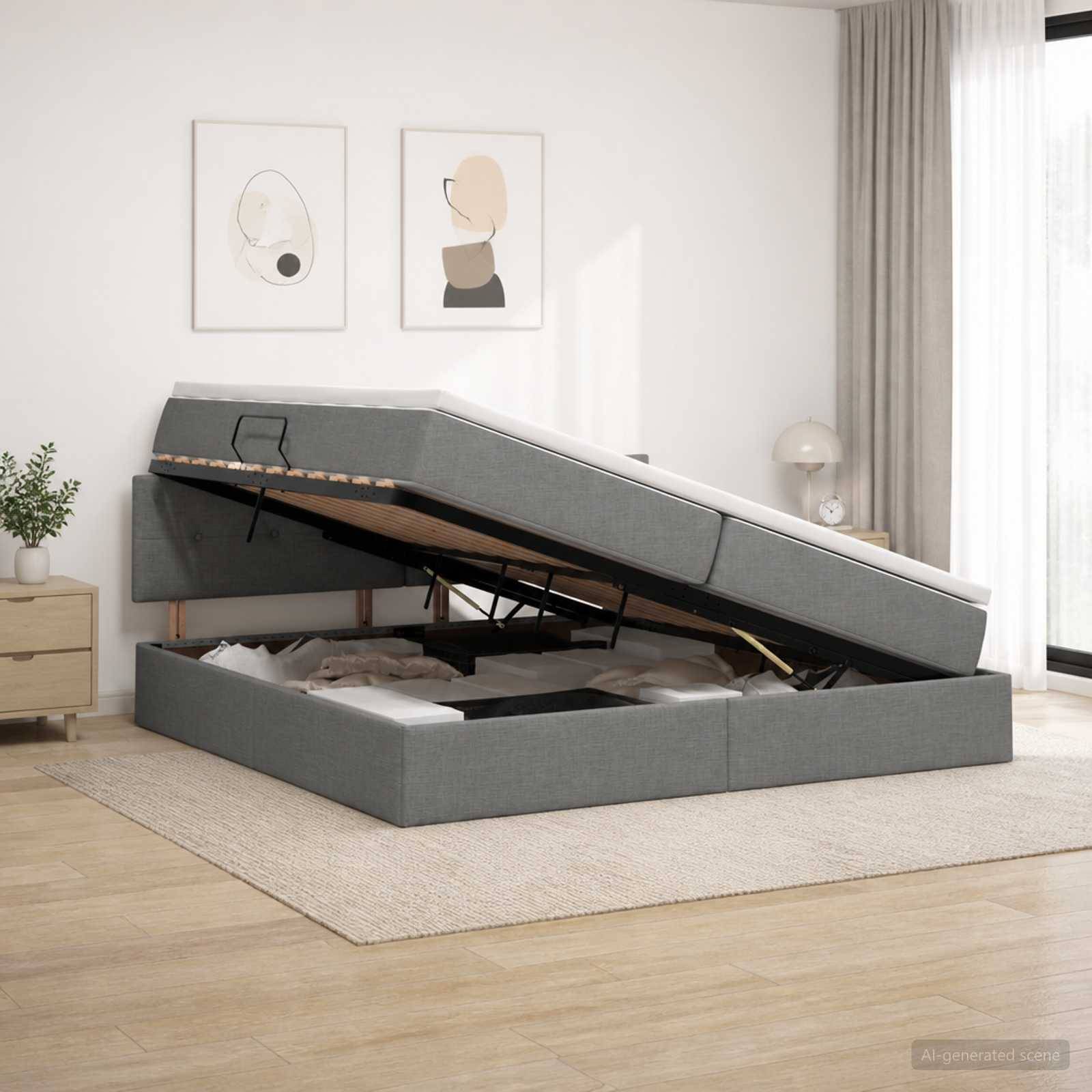 Grau gepolstertes Boxspringbett mit Hubmechanismus geöffnet, um das Lagerfach in einem hellen modernen Schlafzimmer zu zeigen