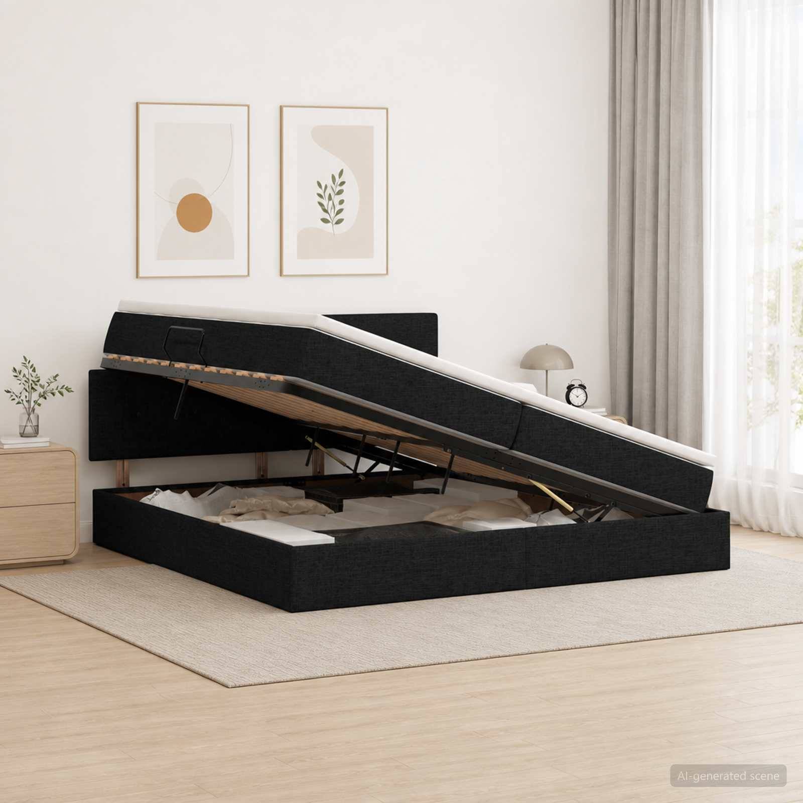 Modernes schwarzes, gepolstertes Bett mit Hubmechanismus, das geöffnet ist und den Stauraum unter dem Bett in einem hellen, minimalistischen Schlafzimmer zeigt.