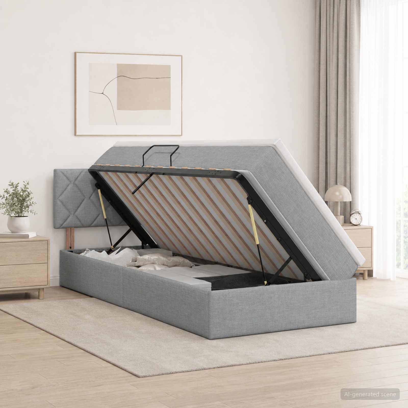 Graugepolstertes Ottomanbett in einem hellen Schlafzimmer, mit der Matratzenplattform angehoben, um den Stauraum unter dem Bett zu zeigen