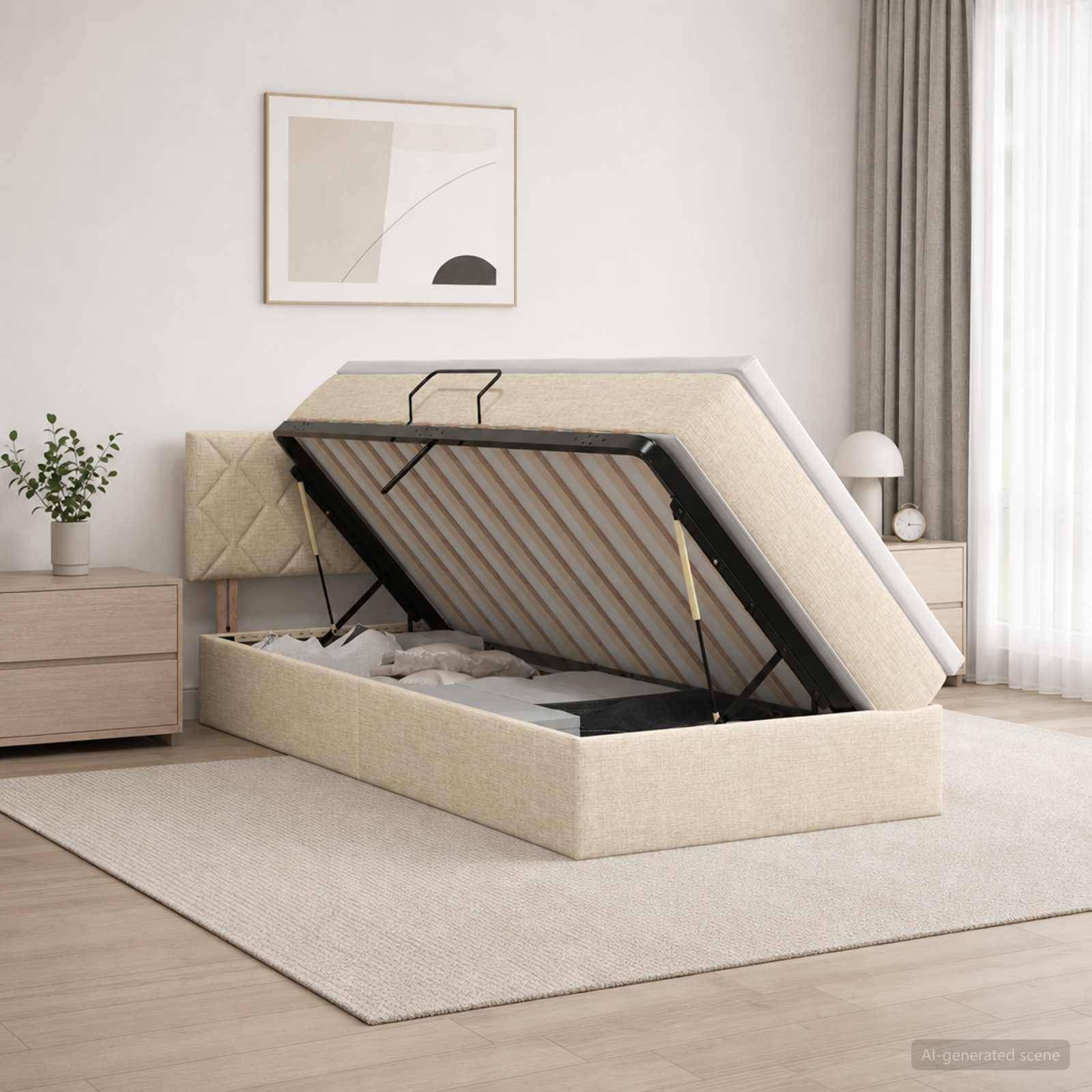 Beigefarbenes gepolstertes Speicherbett mit auf Scharnieren angehobenem Lattenrost, das das Unterbett-Speicherfach in einem modernen Schlafzimmer zeigt.