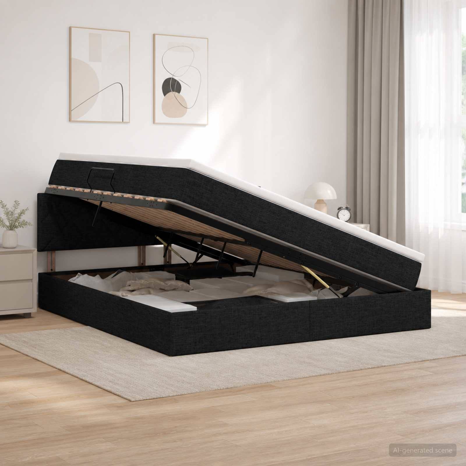 Schwarzer gepolsterter Bettrahmen mit Hubfunktion und Stauraum, hochgefahren in einem hellen Schlafzimmer.