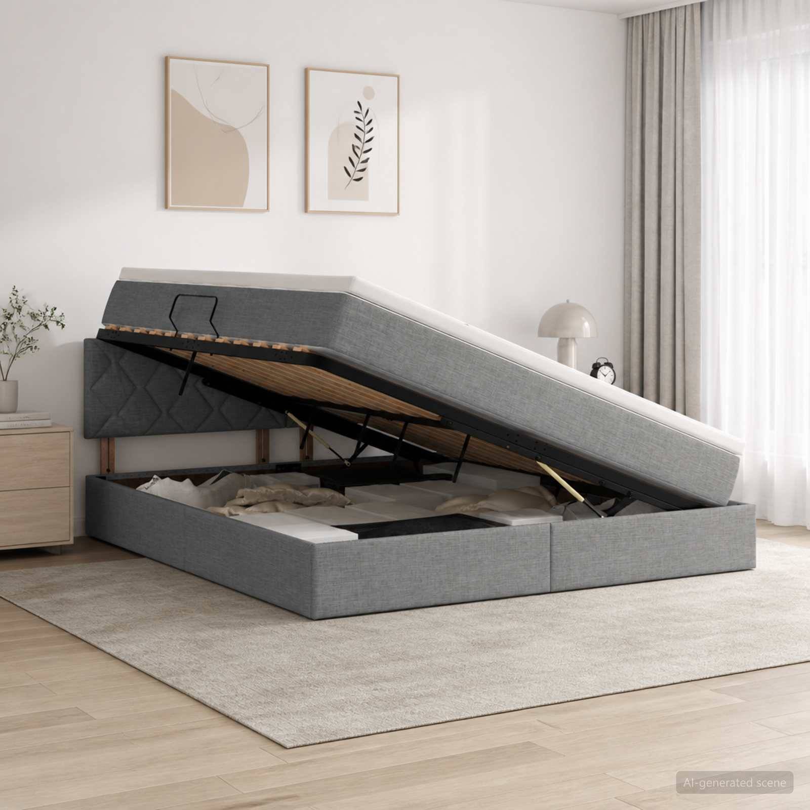 Grau gepolstertes Bett mit Hubmechanismus nach oben geklappt, um den Stauraum unter dem Bett in einem minimalistischen Schlafzimmer freizulegen.