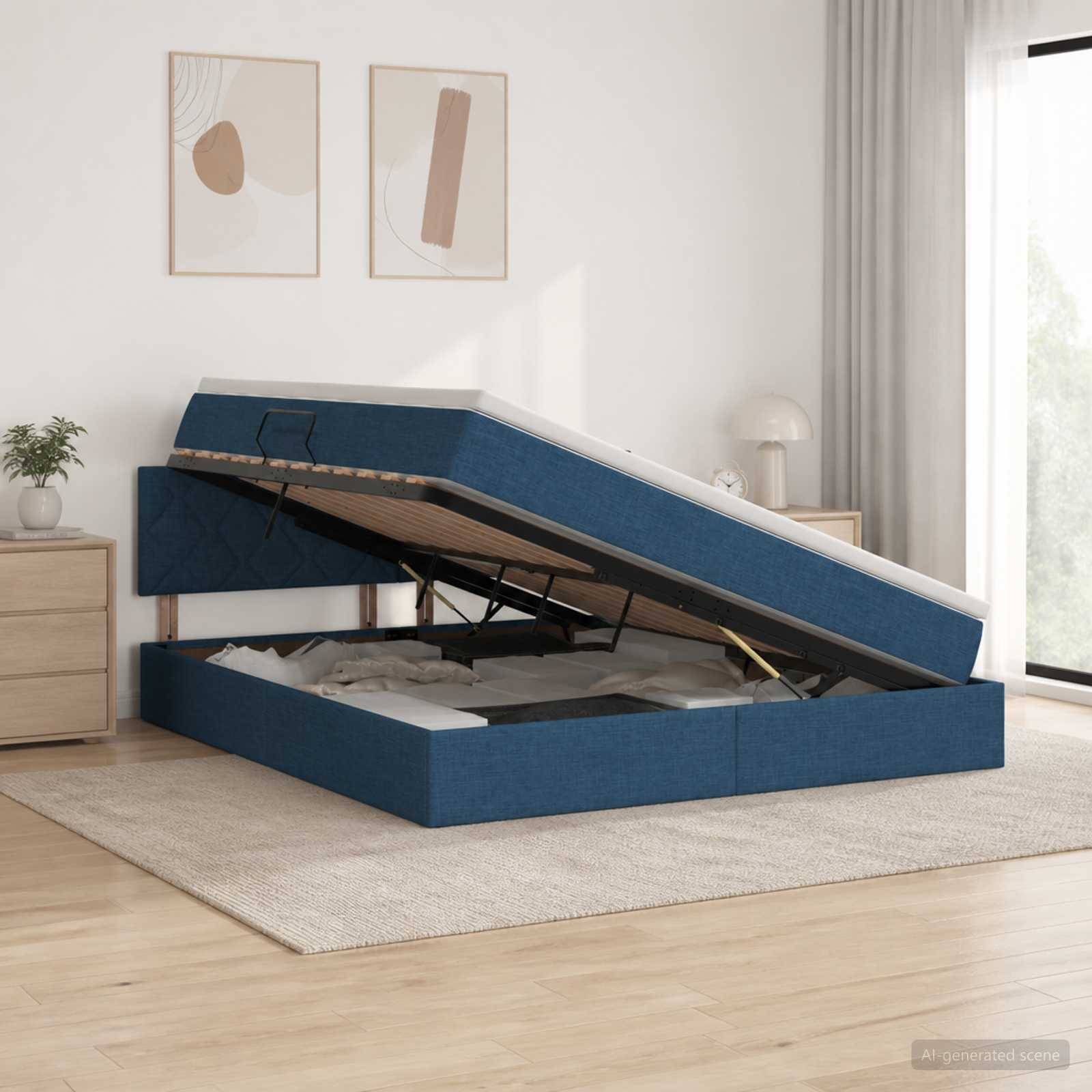 Blaues, gepolstertes Bett mit Hubmechanismus, offen, um das Stauraum-Fach unter dem Bett in einem hellen, minimalistischen Schlafzimmer zu zeigen.