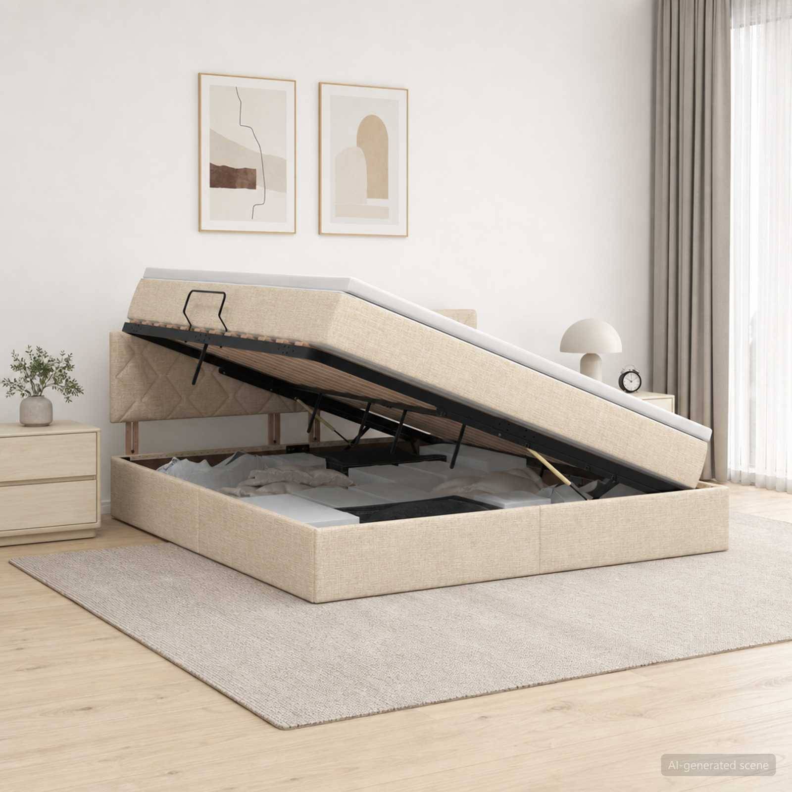 Beige gepolstertes Speicherbett mit Matratze, die auf Gasfedern angehoben ist und den Stauraum unter dem Bett in einem hellen, minimalistischen Schlafzimmer freilegt.