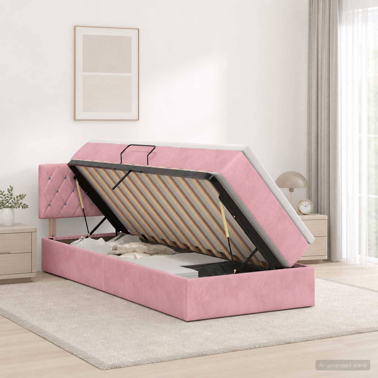 Rosa gepolstertes Ottomane-Bett in einem Schlafzimmer, gezeigt mit angehobener Matratze, um den darunter liegenden Stauraum zu zeigen.