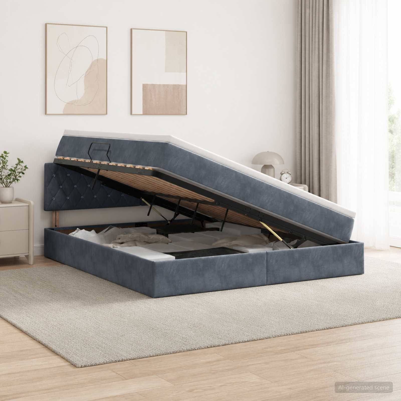 Blau gepolstertes Speicherbett mit aufklappbarem Matratzengitter offen, das Unterbett-Speicherung in einem hellen Schlafzimmer offenbart