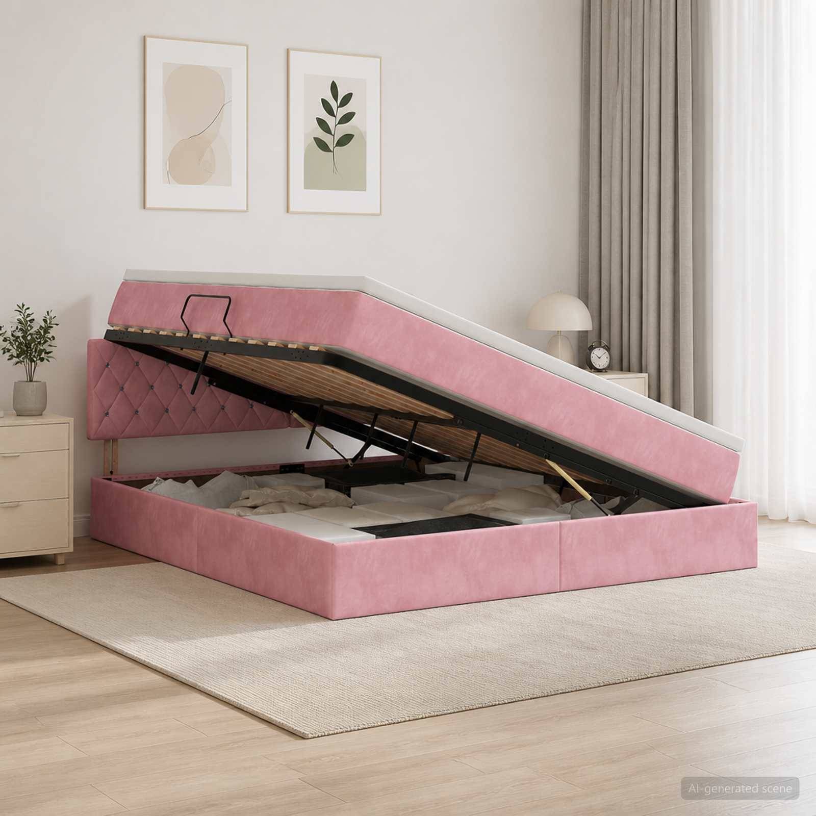 Rosa gepolstertes Speicherbett mit hochgeklappter Matratze, das Stauraum unter dem Bett in einem hellen, minimalistischen Schlafzimmer offenbart.
