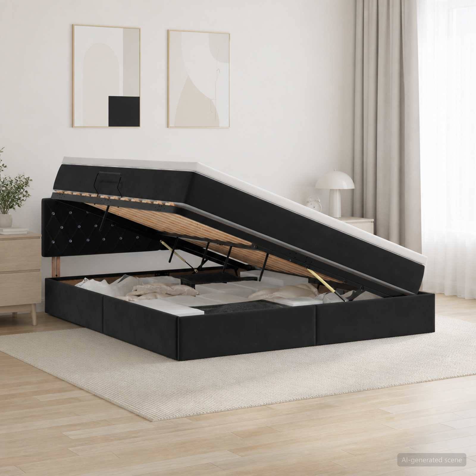 Modernes gepolstertes Bettgestell mit Hubspeicherbasis und angehobener offener Matratzenunterstützung in einem hellen, minimalistischen Schlafzimmer.