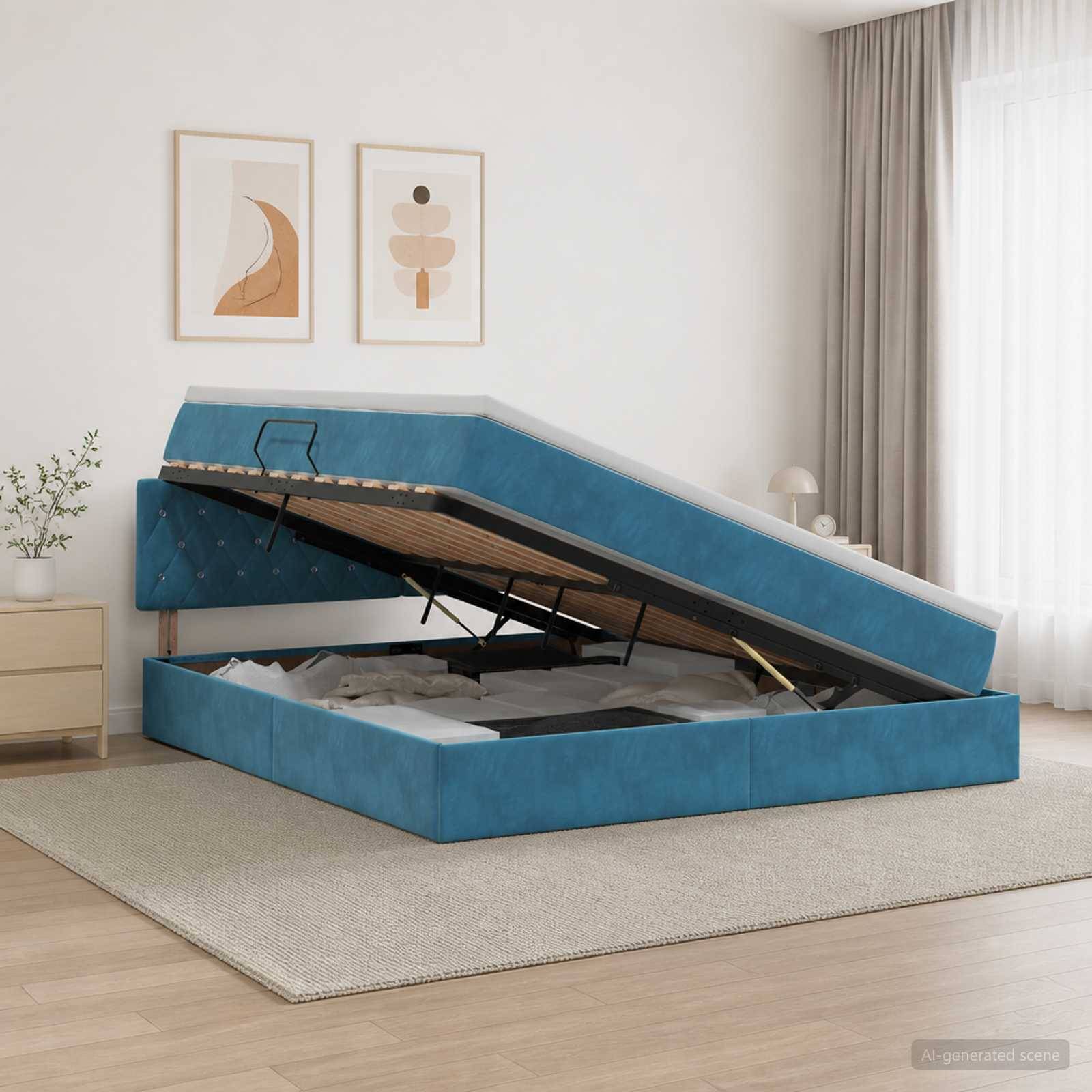 Blaugepolstertes Ottoman-Bett mit angehobener Aufbewahrungsbasis in einem hellen modernen Schlafzimmer, das den Matratzenstützmechanismus zeigt.