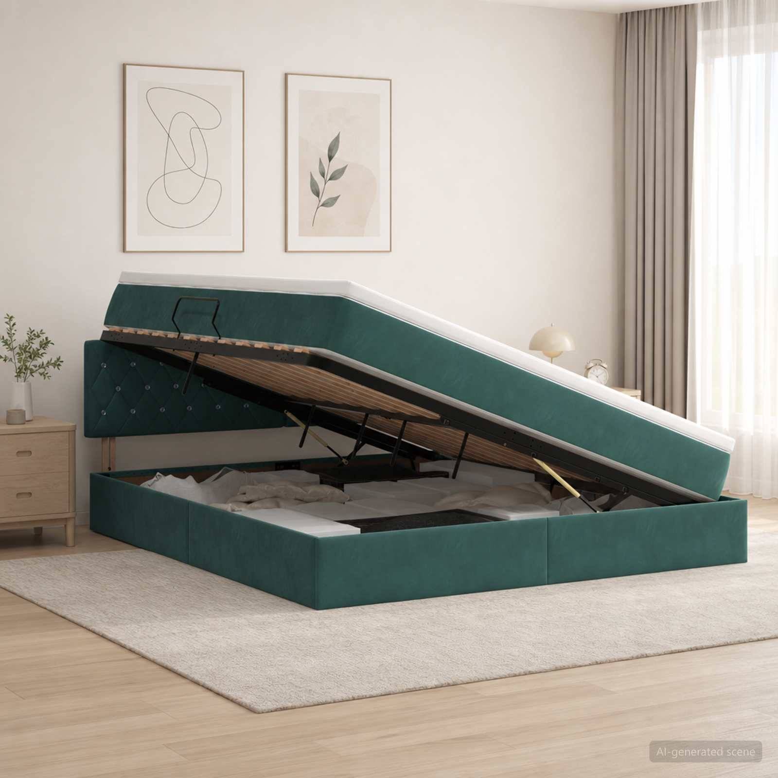 Grünes gepolstertes Bett mit Heberahmen offen in einem hellen Schlafzimmer, das das Stauraum unter dem Bett und das Stützgestell offenbart.