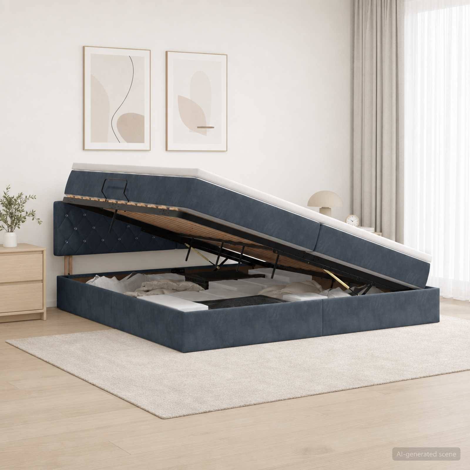 Blaues gepolstertes Speicherbett mit angehobenem Bettrost, das das Speicherfach unter dem Bett in einem hellen, minimalistischen Schlafzimmer zeigt.