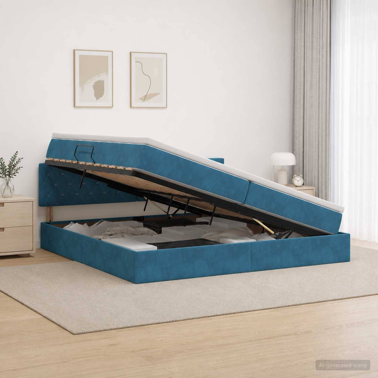Blau gepolstertes Funktionsbett mit hochgefahrenem Lattenrost, das den Stauraum unter dem Bett in einem hellen minimalistischen Schlafzimmer offenbahrt.