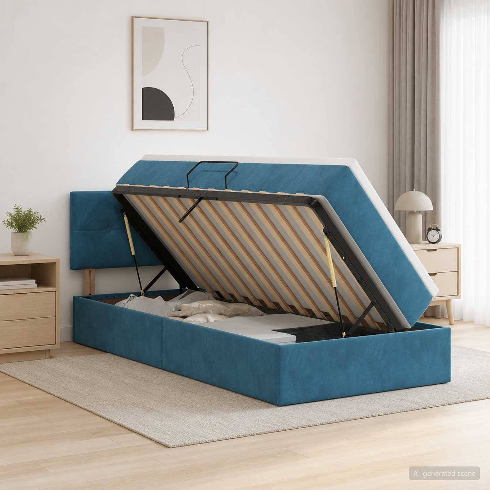 Blaugepolstertes Speicherbett mit angehobener Matratzenunterlage, die den Stauraum unter dem Bett in einem hellen Schlafzimmer offenbart.
