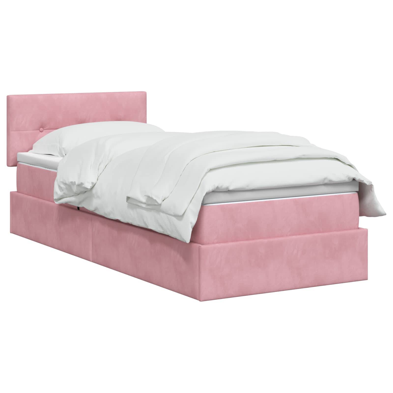 Rosa gepolstertes Bett mit Kopfteil, gezeigt mit weißer Bettwäsche auf einfachem weißen Hintergrund.