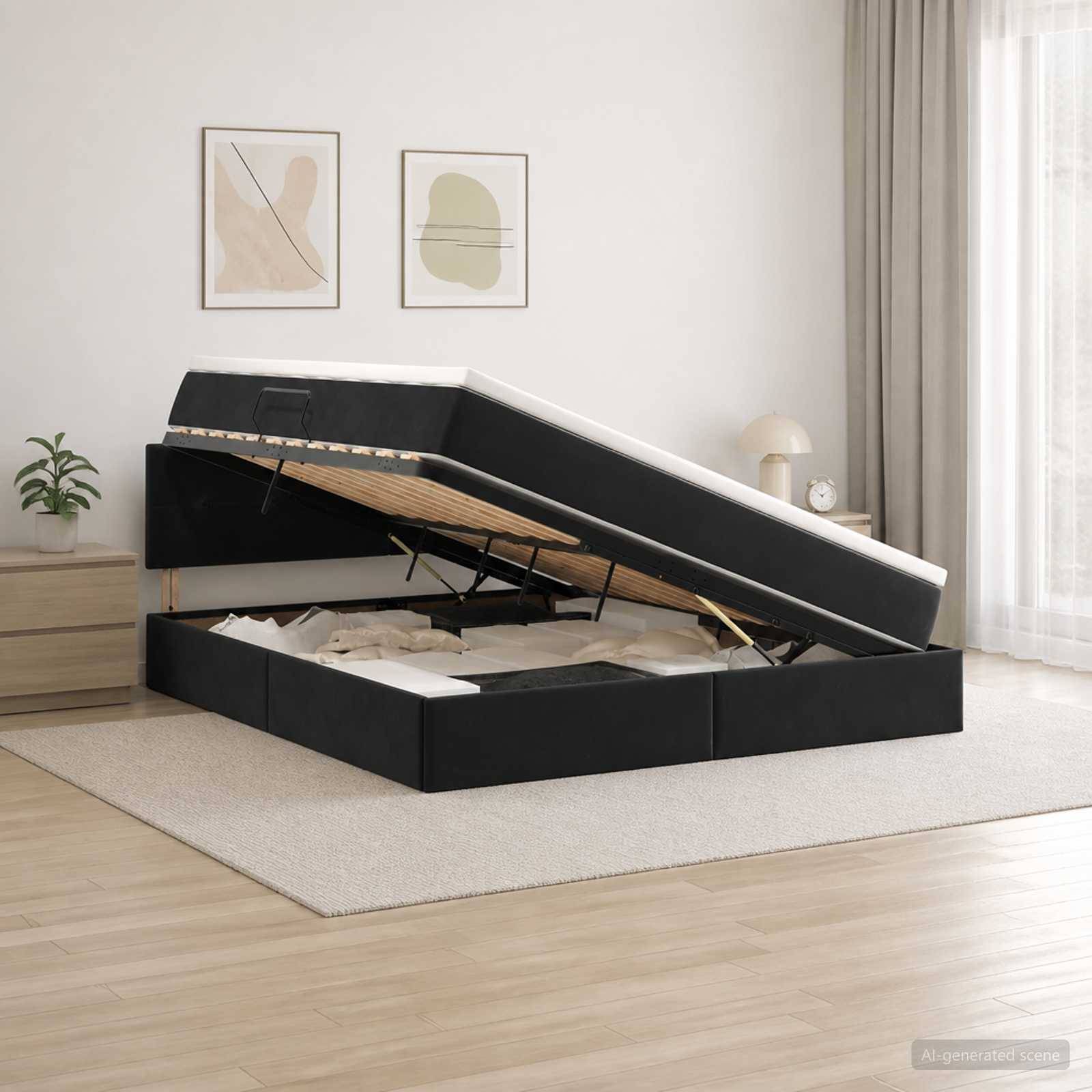 Modernes schwarzes Bett mit Hubmechanismus und erhöhter Matratzenplattform in einem hellen, minimalistischen Schlafzimmer.