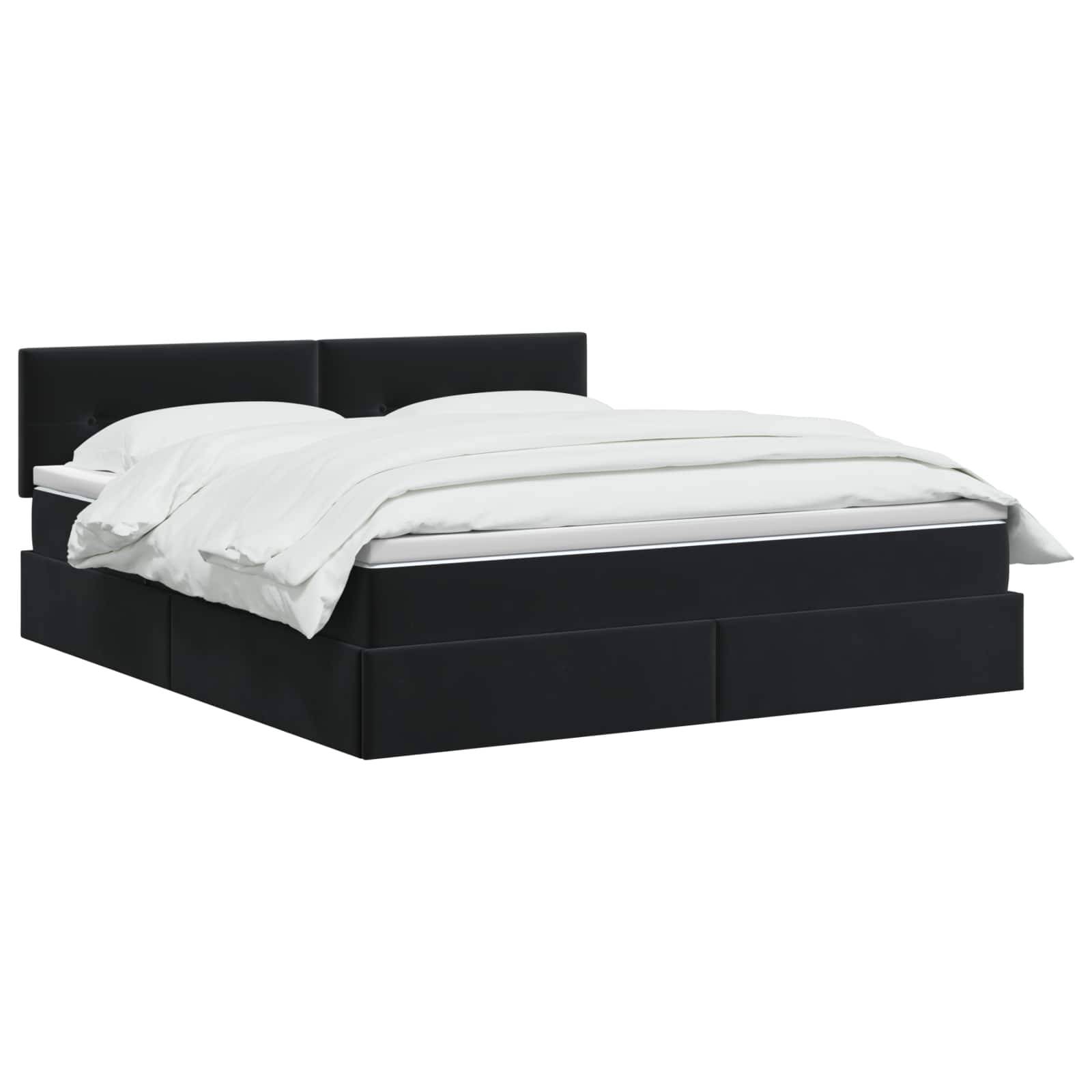 Schwarzes gepolstertes Bett mit hohem Kopfteil und weißer Bettwäsche auf einem schlichten weißen Hintergrund.