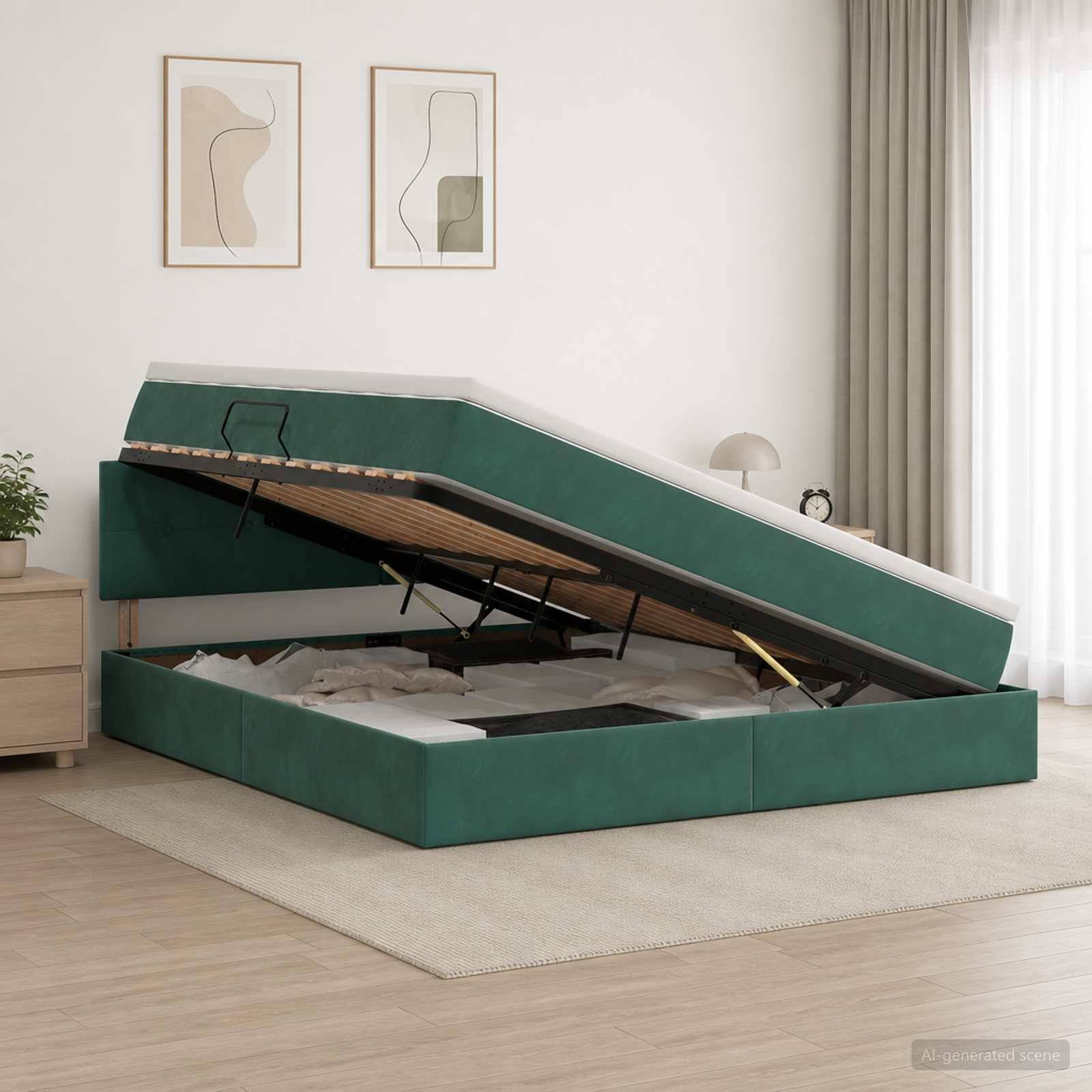 Grünes gepolstertes Speicherbett mit hochklappbarer Matratzenplattform, die hochgeklappt ist, um das Speicherfach im Inneren in einem modernen Schlafzimmer zu zeigen.