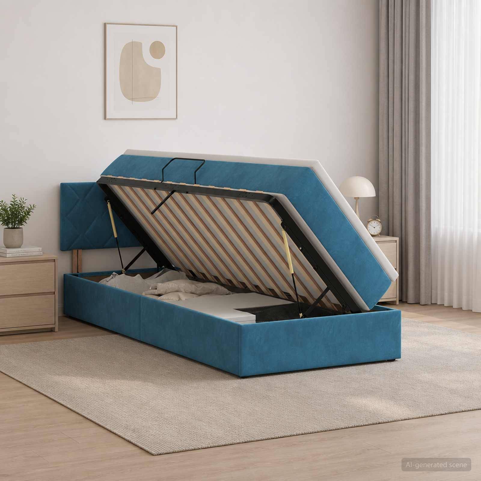Blau gepolstertes Ottomane-Bettgestell mit angehobener Matratze, die Stauraum in einem minimalistischen Schlafzimmer zeigt.
