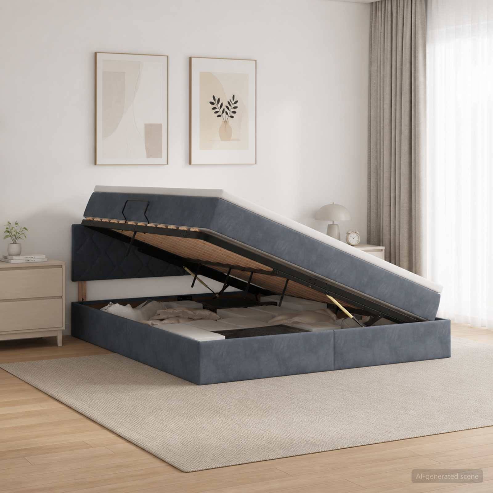 Blaues gepolstertes Speicherbett mit Matratze, die auf hydraulischen Scharnieren angehoben ist und das Unterbett-Fach in einem hellen minimalistischen Schlafzimmer offenbart.