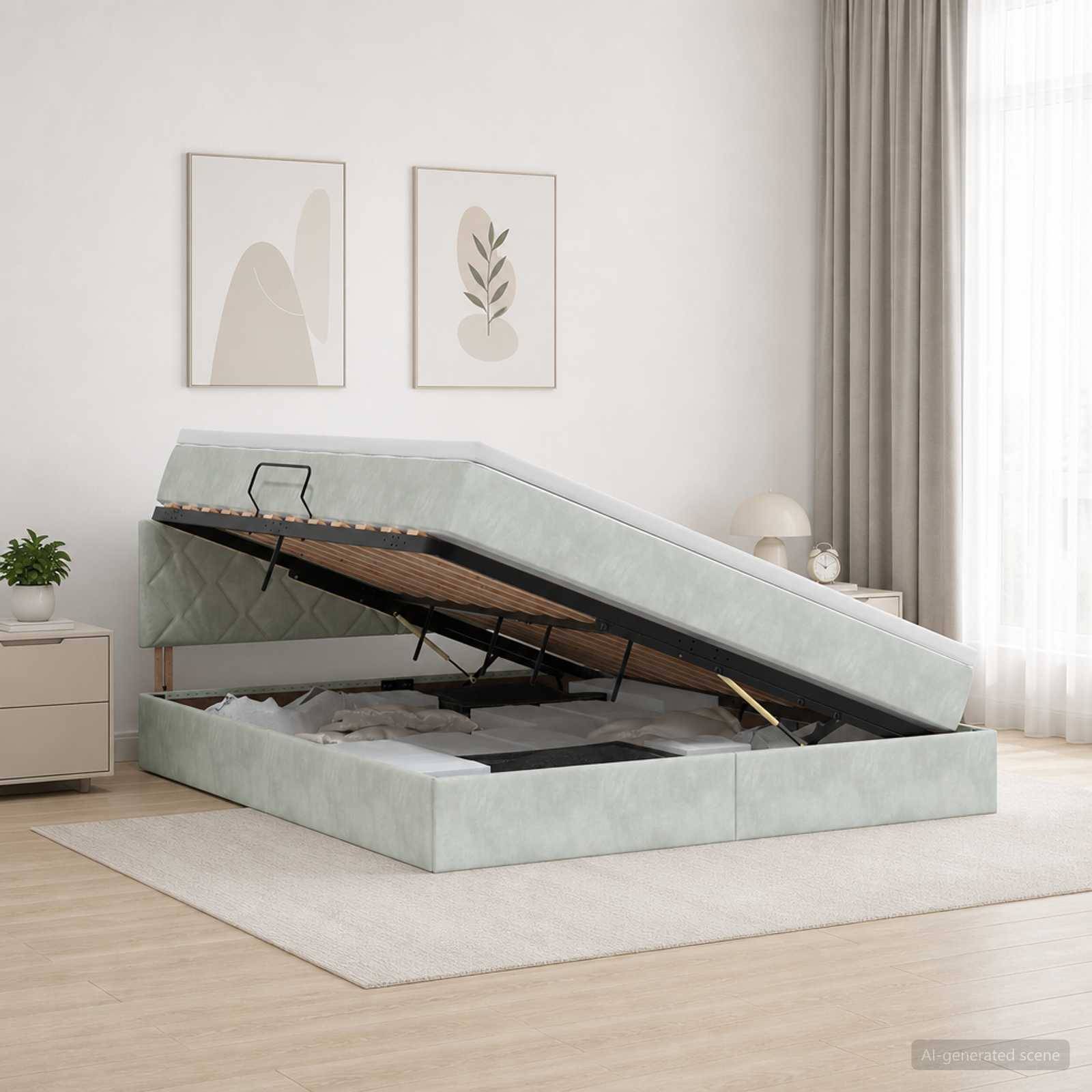 Minzgrün gepolstertes Speicherbett mit Matratze, die durch Gasfedern angehoben wird und das Unter-Bett-Fach in einem hellen minimalistischen Schlafzimmer zeigt.