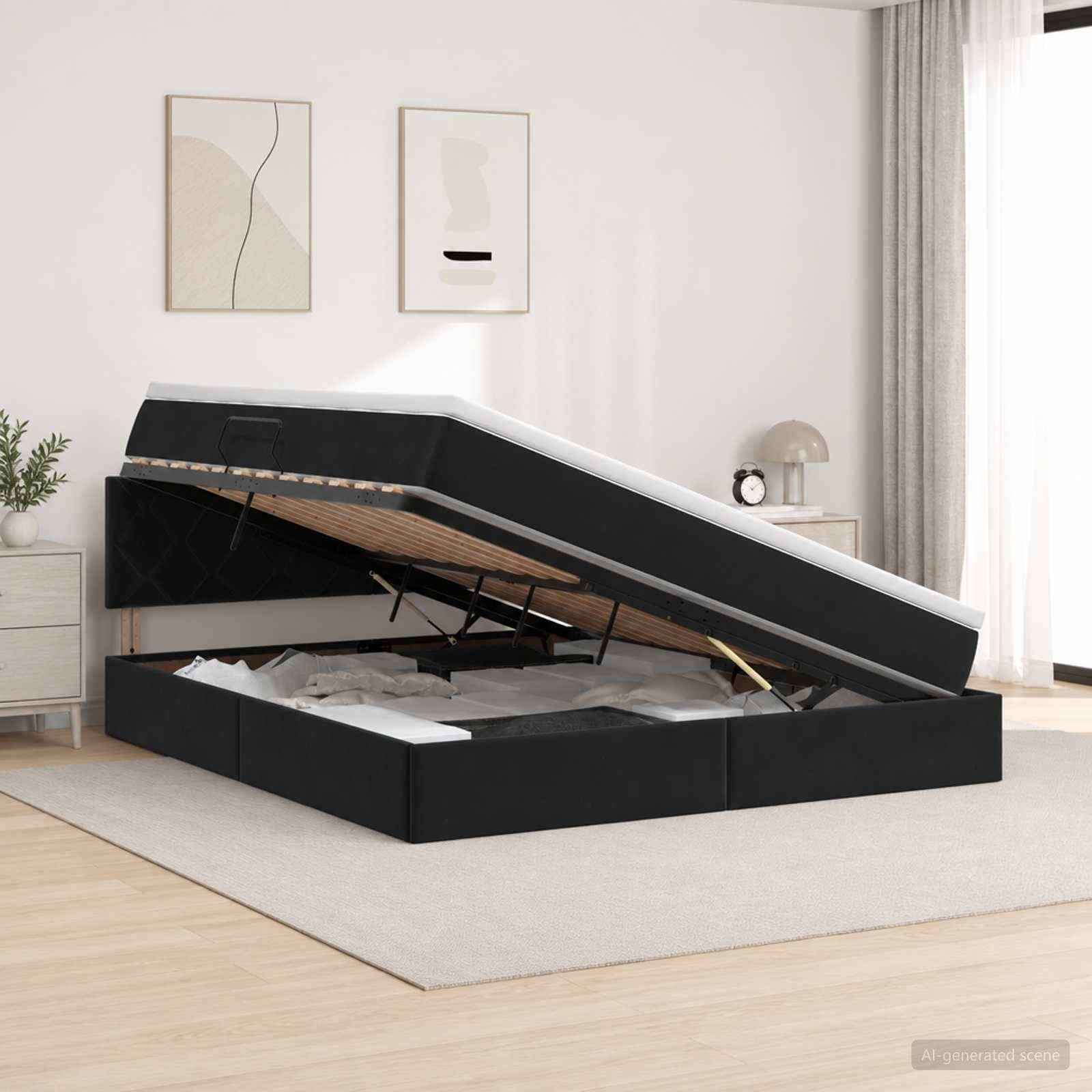Schwarzes gepolstertes Speicherbett mit angehobener Matratze, das Unter-Bett-Lagerfächer in einem hellen, minimalistischen Schlafzimmer offenbart.