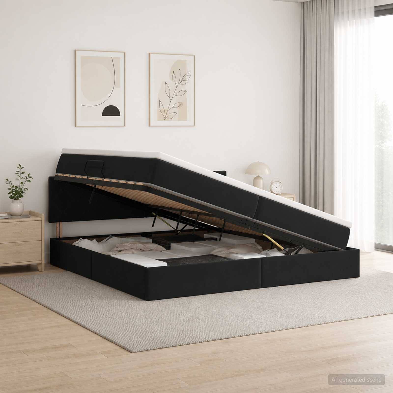 Modernes schwarz gepolstertes Speicherbett mit angehobener Matratze, die darunter liegende Speicherkompartimente in einem hellen minimalistischen Schlafzimmer offenbart.