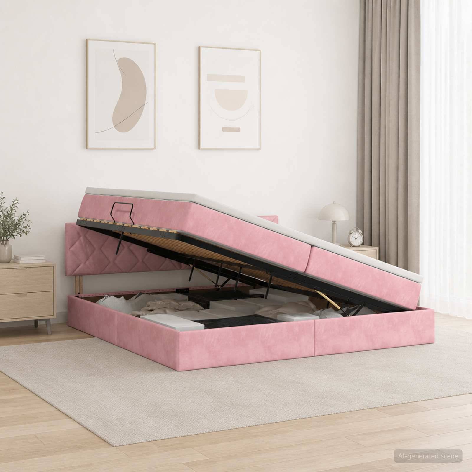 Rosa gepolstertes Ottomanen-Bettgestell mit Matratze, angehoben durch Stauraum-Scharniere, die den Stauraum unter dem Bett in einem minimalistischen Schlafzimmer offenbaren.