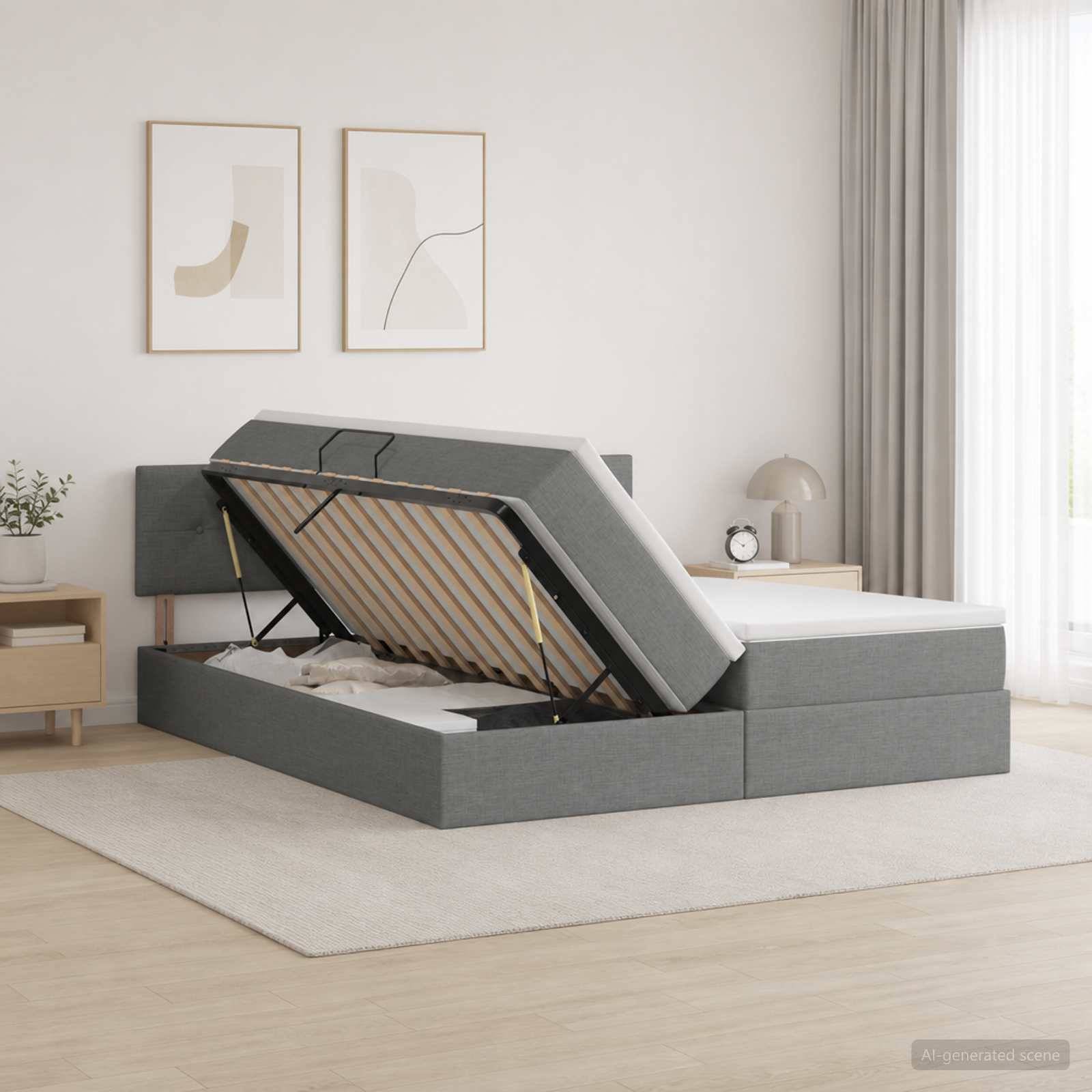 Grau gepolstertes Bett mit angehobenem Stauraumboden und offenen Lamellensystem, das Stauraum unter dem Bett in einem hellen modernen Schlafzimmer zeigt.