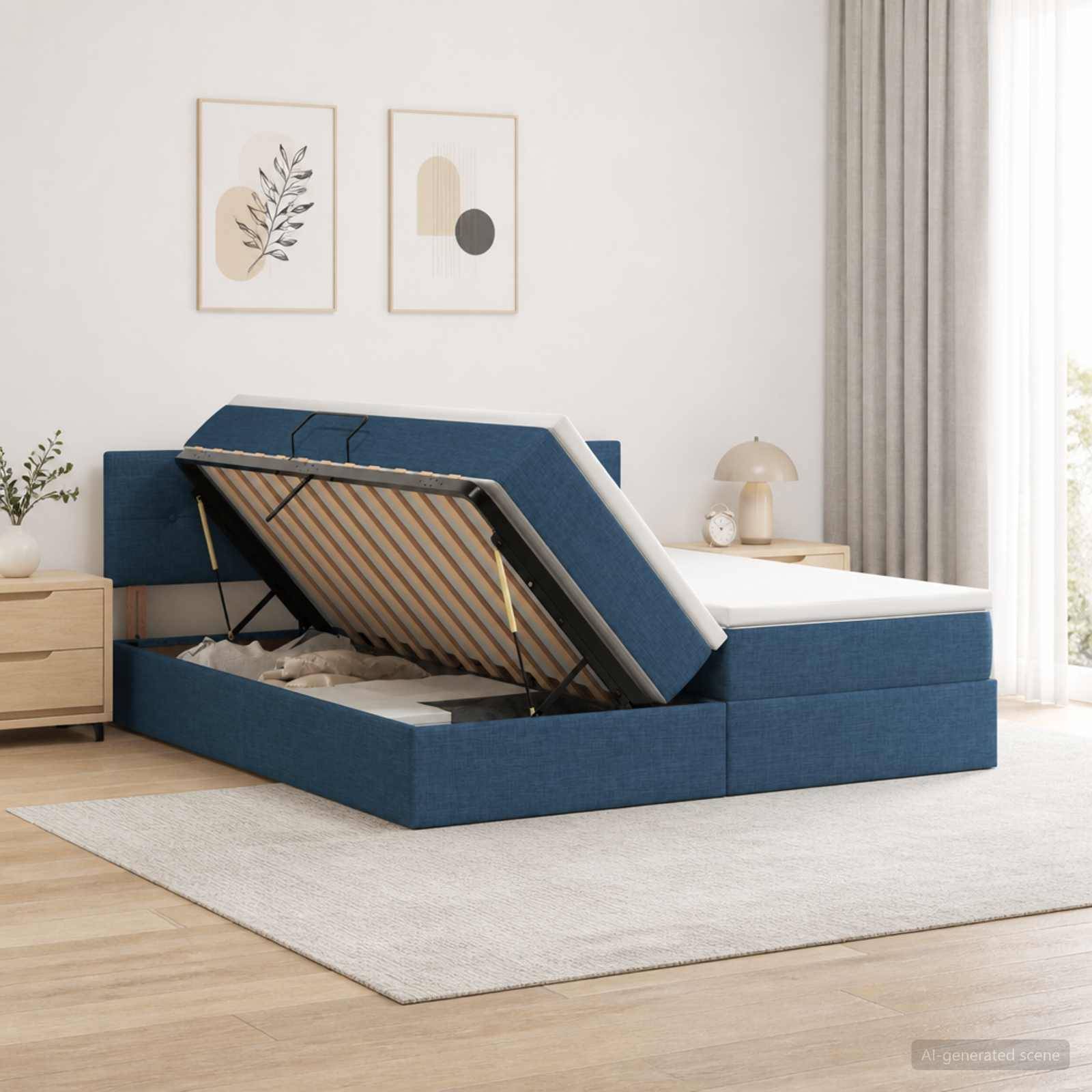 Ottomanenbett mit blauem Polsterstoff, das geöffnet ist und einen Stauraum in einem hellen Schlafzimmer zeigt.