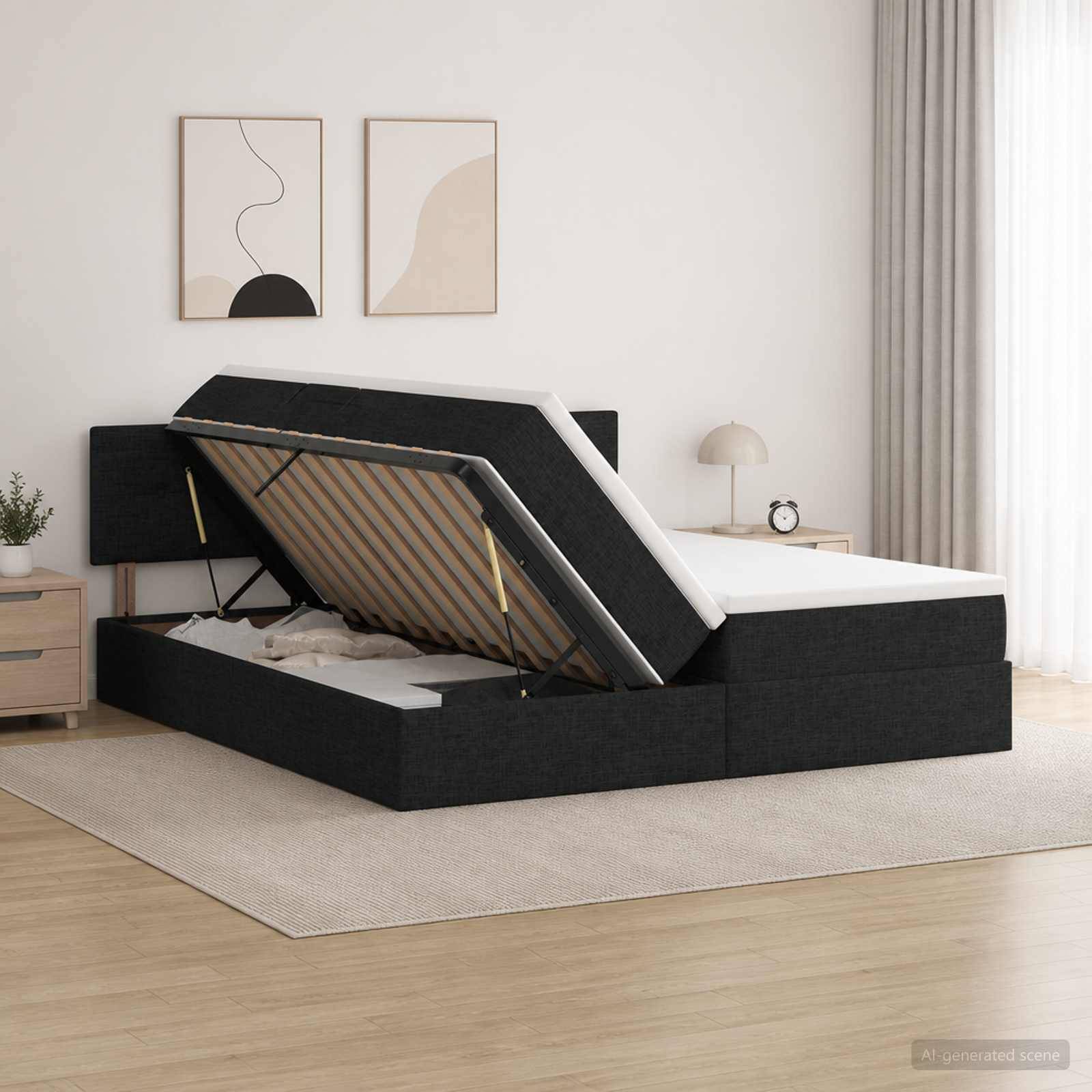 Modernes schwarzes gepolstertes Speicherbett mit der angehobenen Matratzenplattform, die die Lamellenbasis in einem hellen Schlafzimmer offenbart.