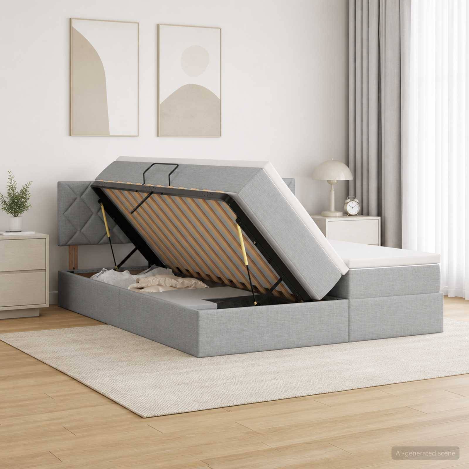Grau gepolstertes Speicherbett mit angehobener Matratze, die das interne Speicherfach in einem hellen Schlafzimmer zeigt.