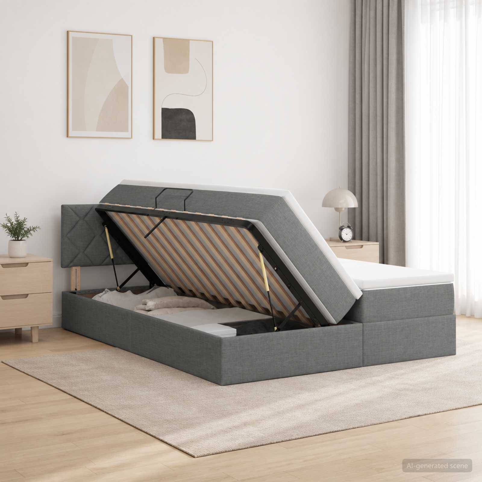 Grau gepolstertes Speicherbett mit angehobener Matratze, die die Lattenroste und das Unter-Bett-Fach in einem minimalistischen Schlafzimmer zeigt.