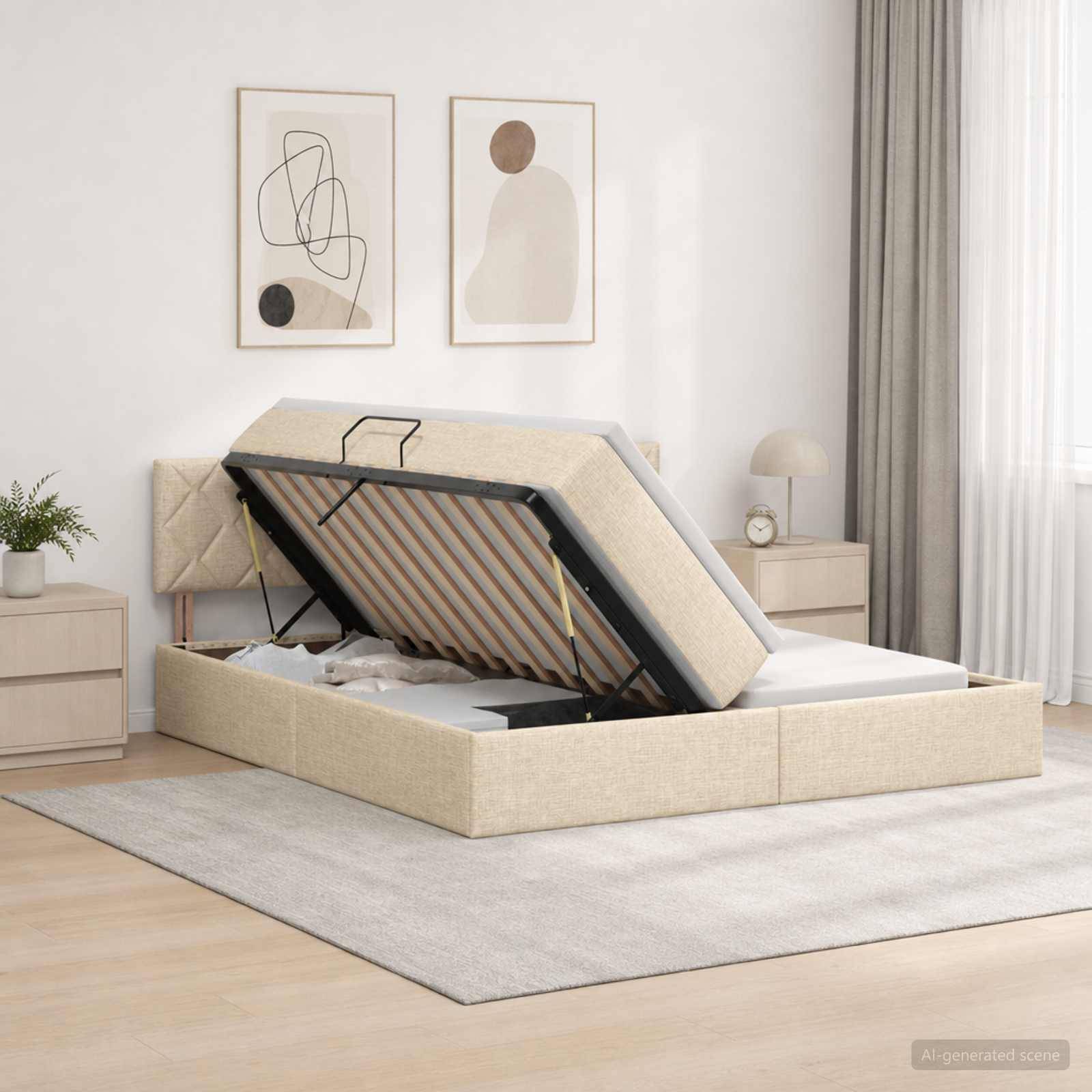 Beiges gepolstertes Bett mit Hydrauliklifting-Funktion in einem hellen, minimalistischen Schlafzimmer, wobei die Matratze angehoben ist, um die Slattenablage darunter freizugeben.