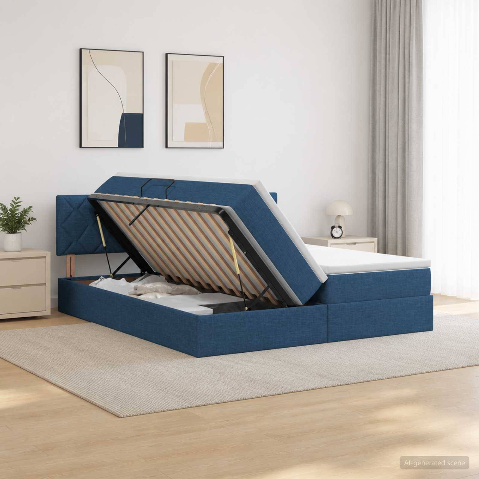 Blaugepolstertes Hebebett mit Stauraum und hochgehobenem Bett, das die Latten-Unterseite und den Stauraum unter dem Bett in einem modernen Schlafzimmer zeigt.