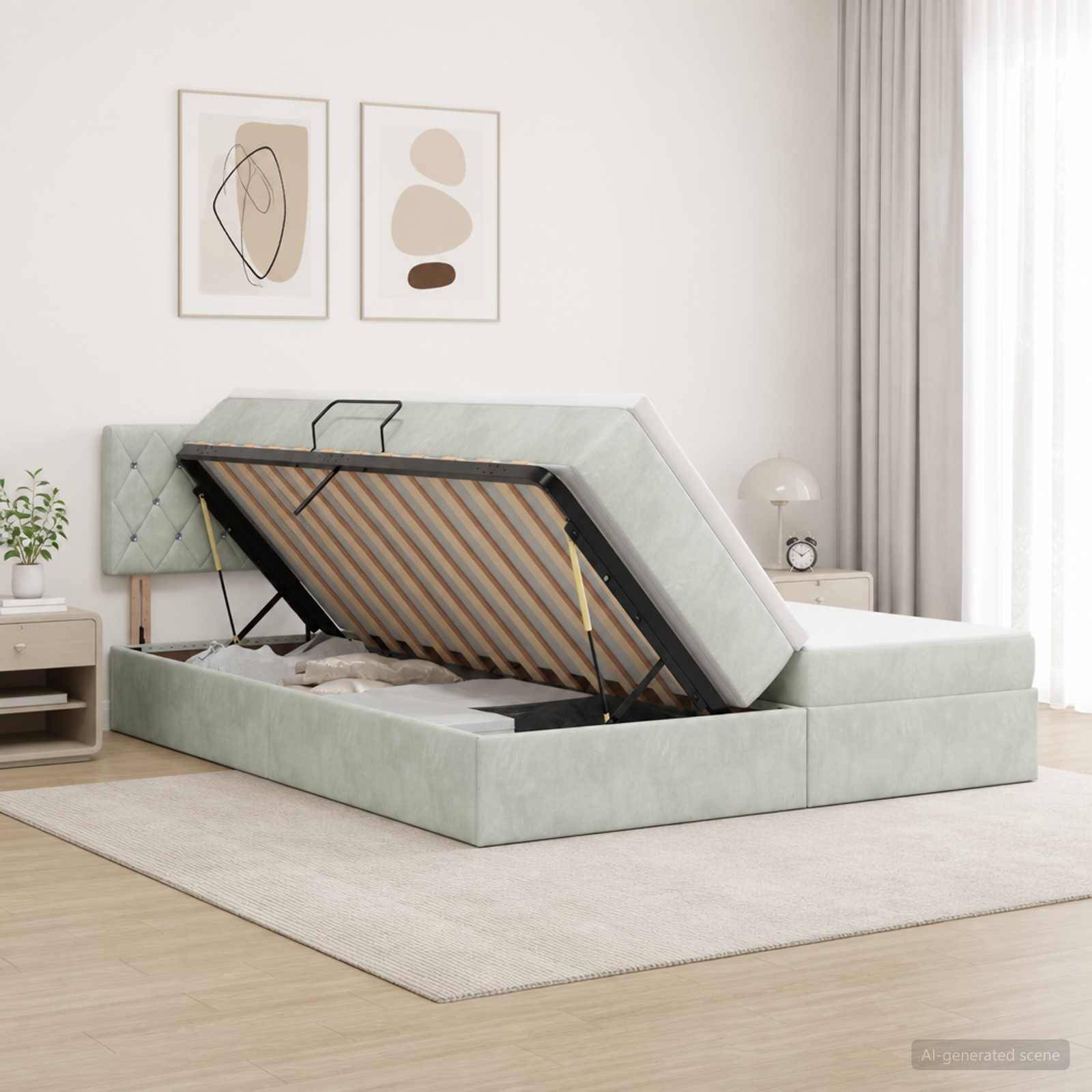 Minzgrünes gepolstertes Bett mit angehobenem Matratze, das eine lamellierte Speicherbasis zeigt, in einem hellen modernen Schlafzimmer.