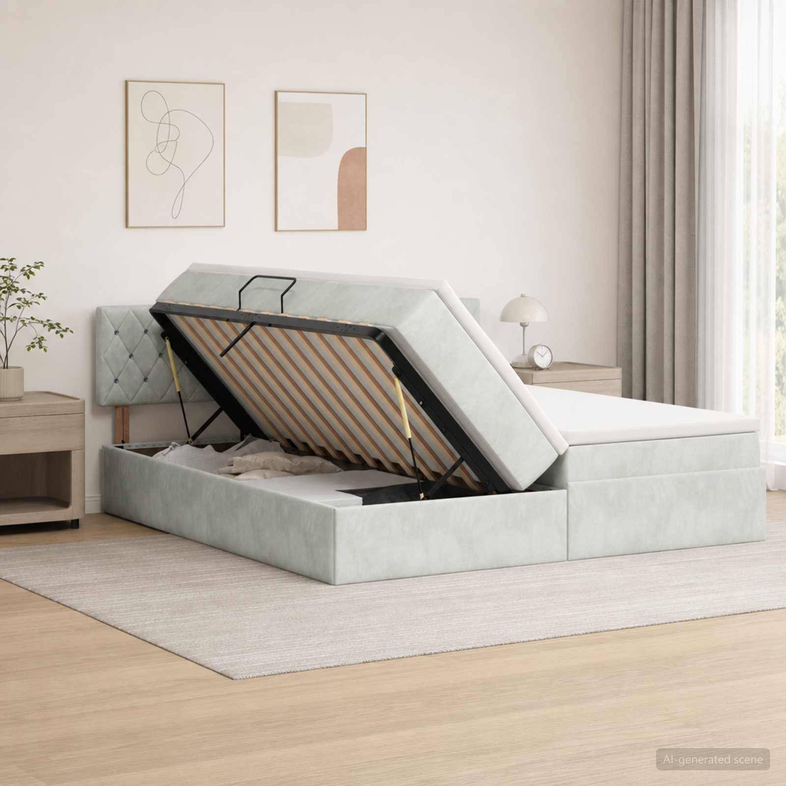 Modernes gepolstertes Bett mit hochklappbarem Stauraumboden offen, zeigt die Unterseite der Latten und den Stauraum in einem minimalistischen Schlafzimmer.