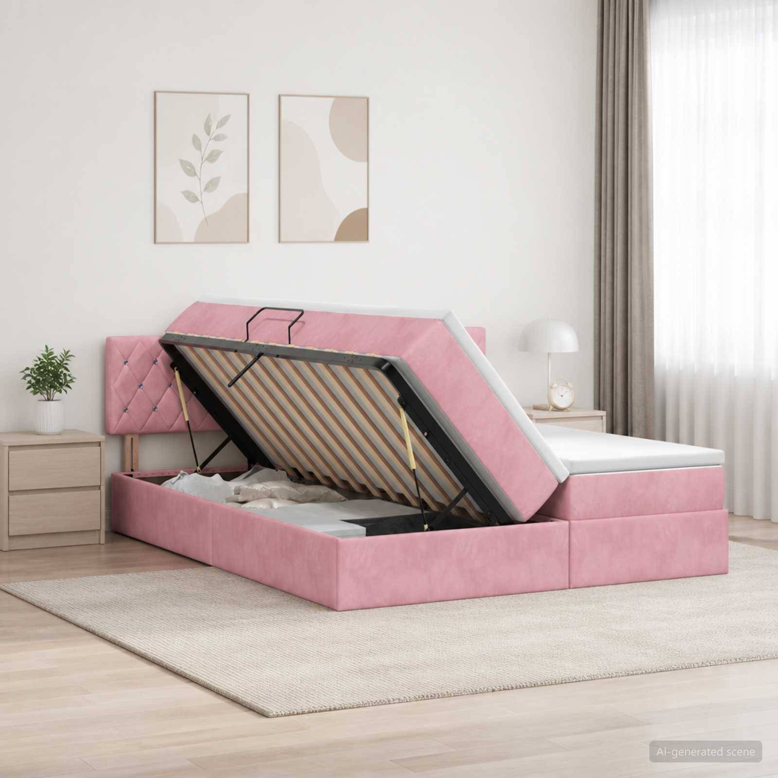 Rosa gepolstertes Stahlbett mit Matratze auf einem Scharnier-Rahmen angehoben, das Stauraum unter dem Bett in einem hellen, minimalistischen Schlafzimmer offenbard.