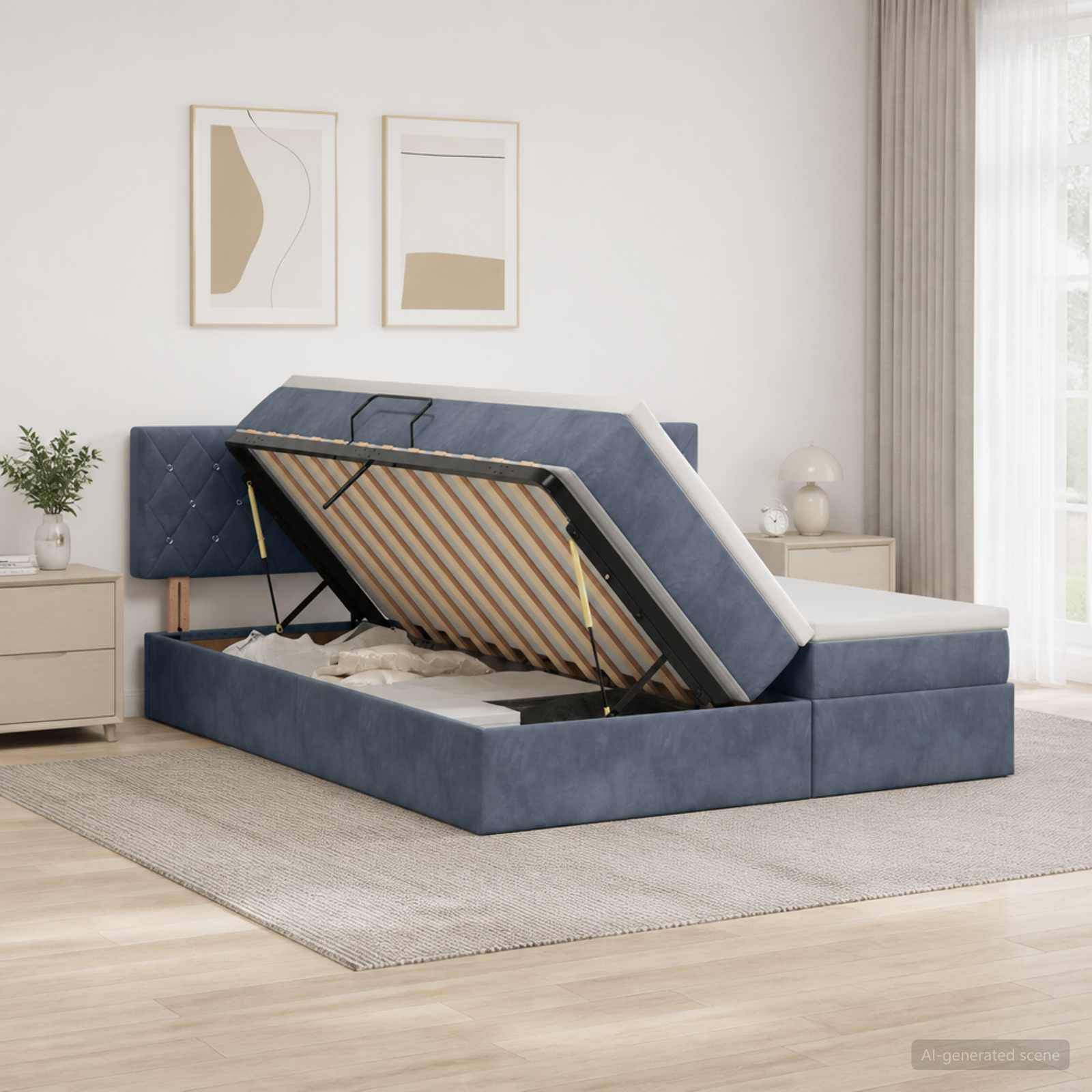 Blaugepolstertes Speicherbett mit erhöhter Matratzenunterlage, die den Stauraum unter dem Bett in einem hellen, modernen Schlafzimmer freilegt.