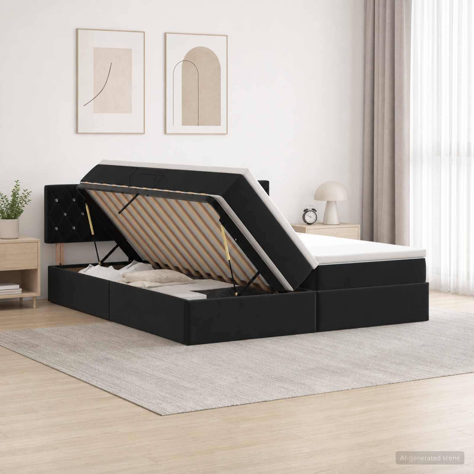 Schwarzes, gepolstertes Ottomanbett mit angehobenem Schaumstoffmatratze, das Stauraum in einem hellen, minimalistischen Schlafzimmer offenbart.