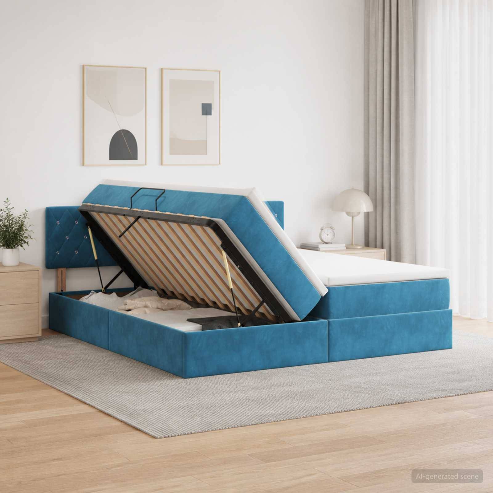 Blaugepolstertes Bett mit hochgehobenem Matratzen, das ein offenes Lagerfach darunter in einem modernen Schlafzimmer zeigt.