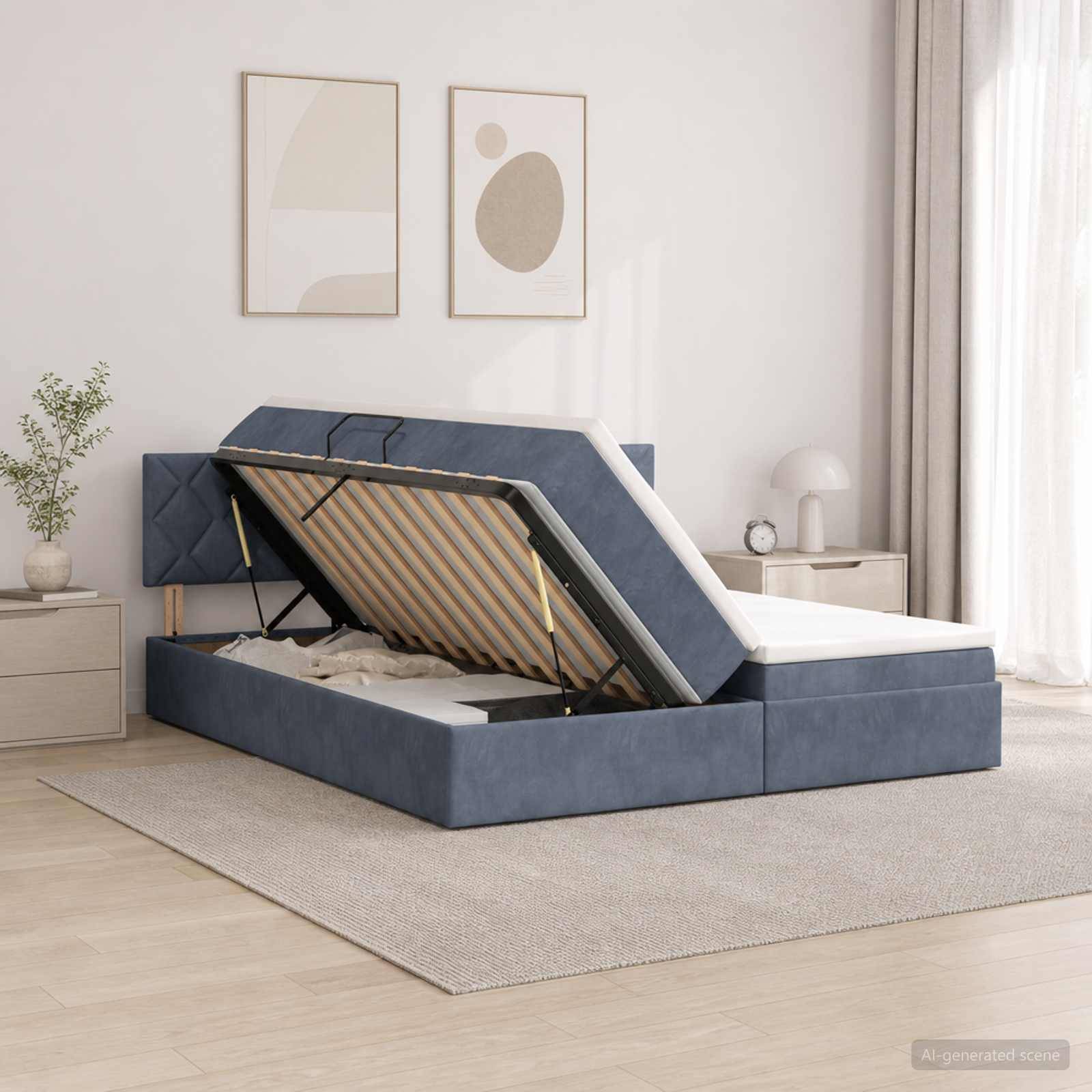 Blaugepolstertes Speicherbett mit angehobener Matratze auf einem hydraulischen Rahmen, das Stauraum unter dem Bett in einem modernen Schlafzimmer zeigt.