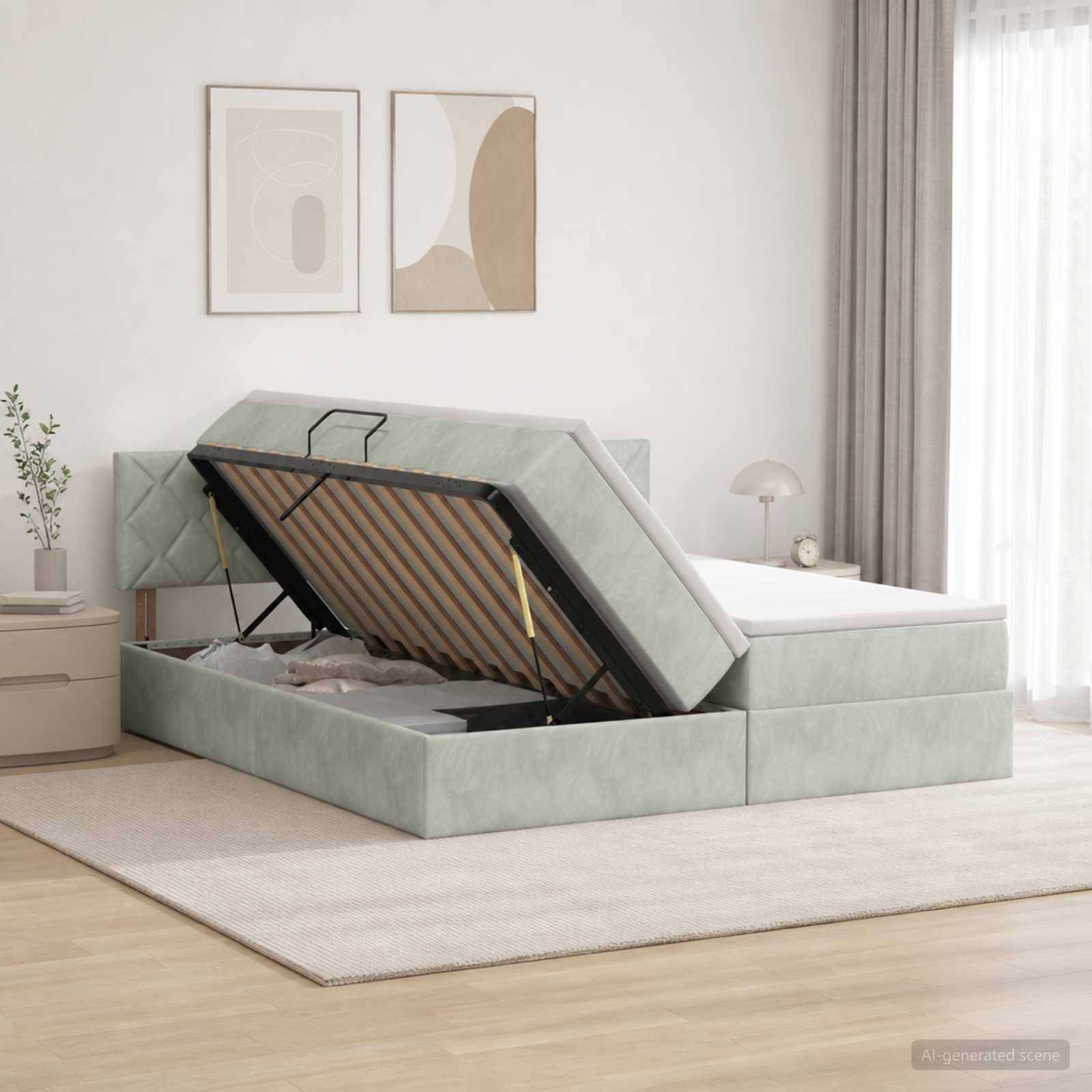 Gepolstertes hellgrünes Ottomane-Bett mit angehobenem Lattenrost, das den Stauraum unter dem Bett in einem hellen, modernen Schlafzimmer zeigt.